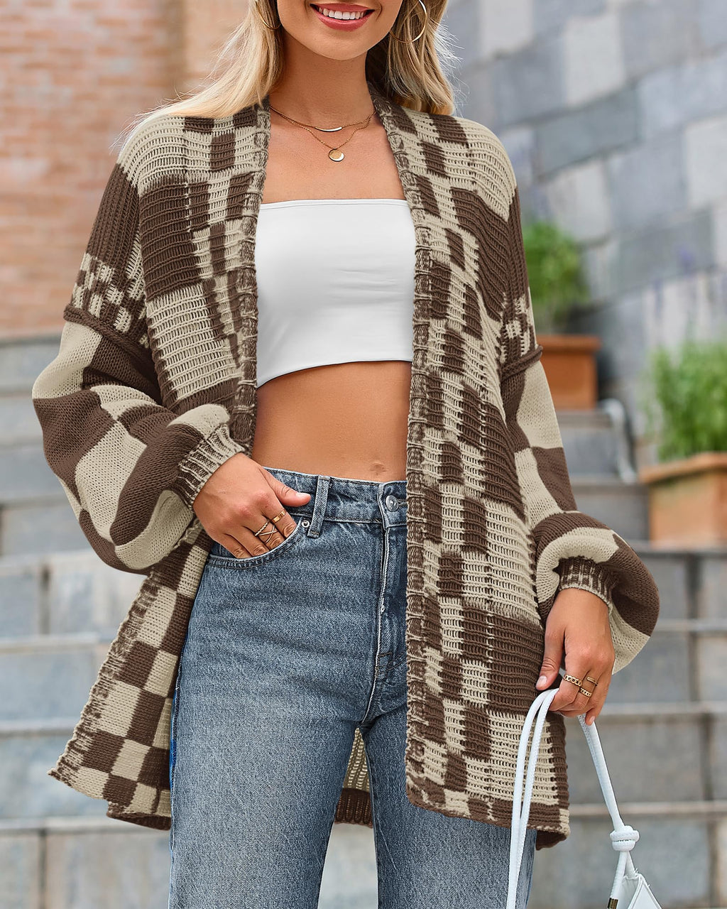 BTFBM Casual Cardigan Sweater for Women Fall Long Sleeve Sweaters Fall Outfits, Loose Fit,Solid,Open Front Chunky Knit Sweaters,Chunky Cardigan Sweaters For Women,Checkered Outwear Coat
