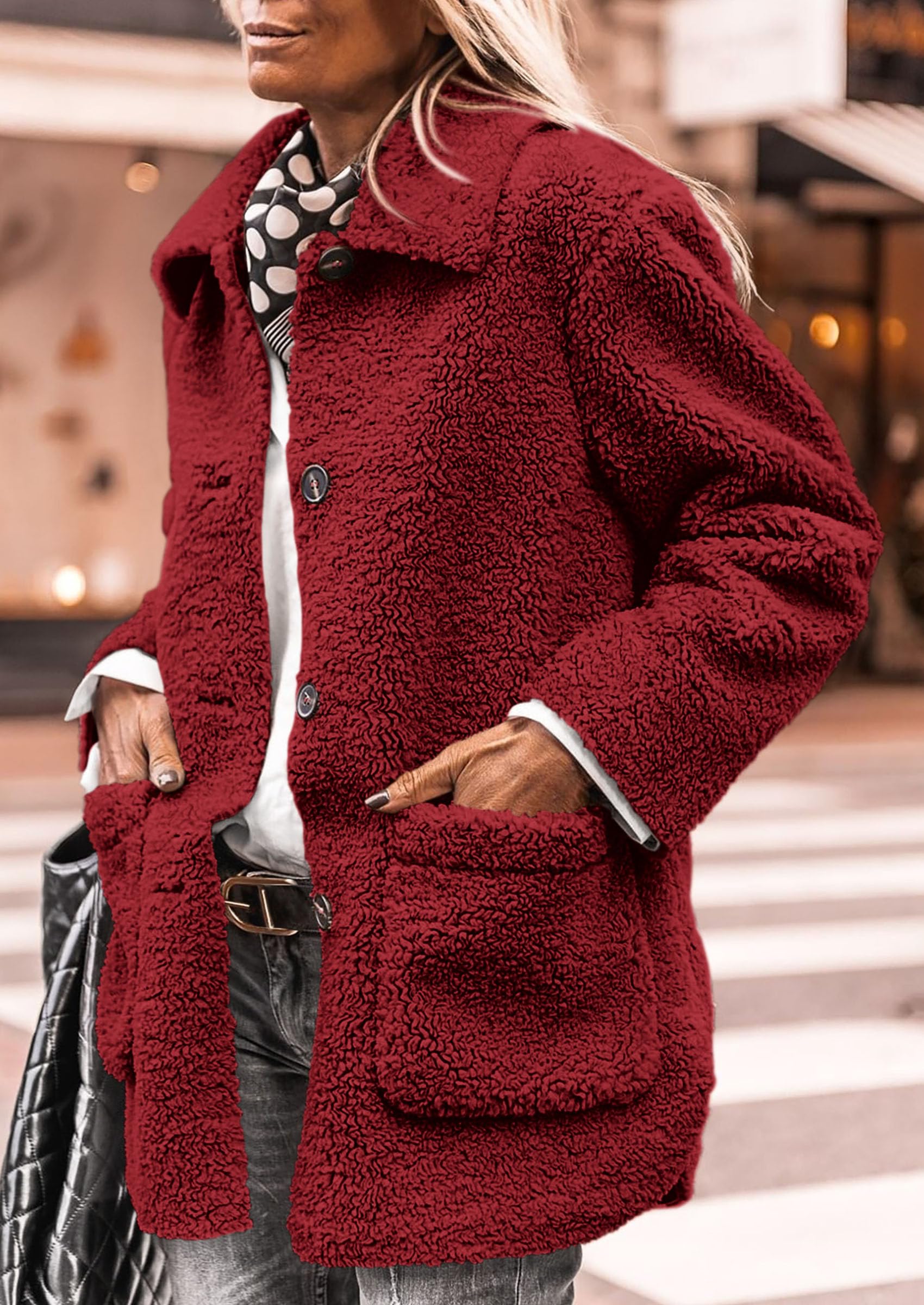 PRETTYGARDEN Women's Winter Faux Fur Coats Long Sleeve Lapel Button Down Pockets Fleece Sherpa Jacket Casual Trendy Outerwear