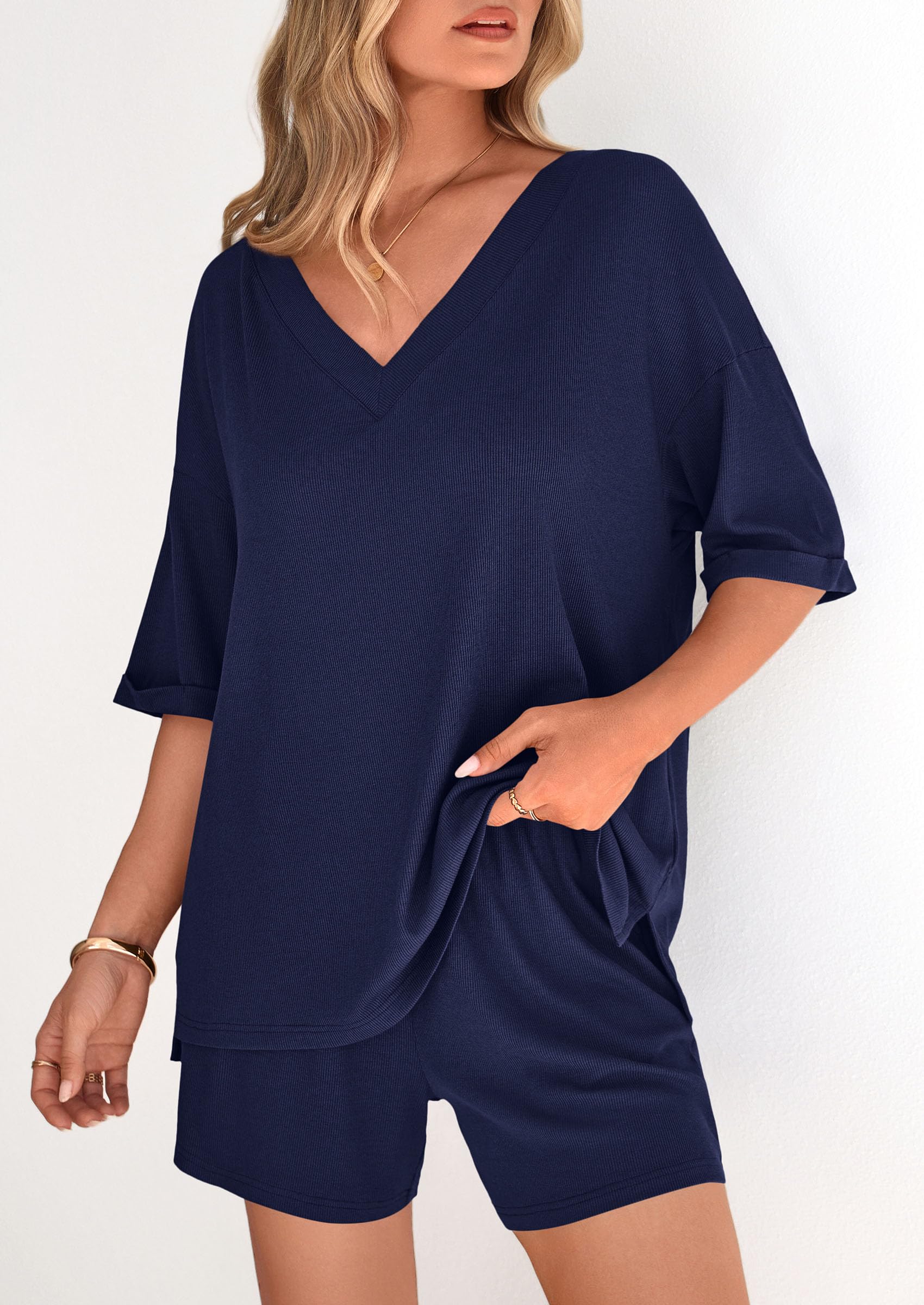 PRETTYGARDEN Womens 2 Piece Sets Summer Oversized Vneck Half Sleeve Tops Shorts Lounge Set Casual Travel Airport Outfits