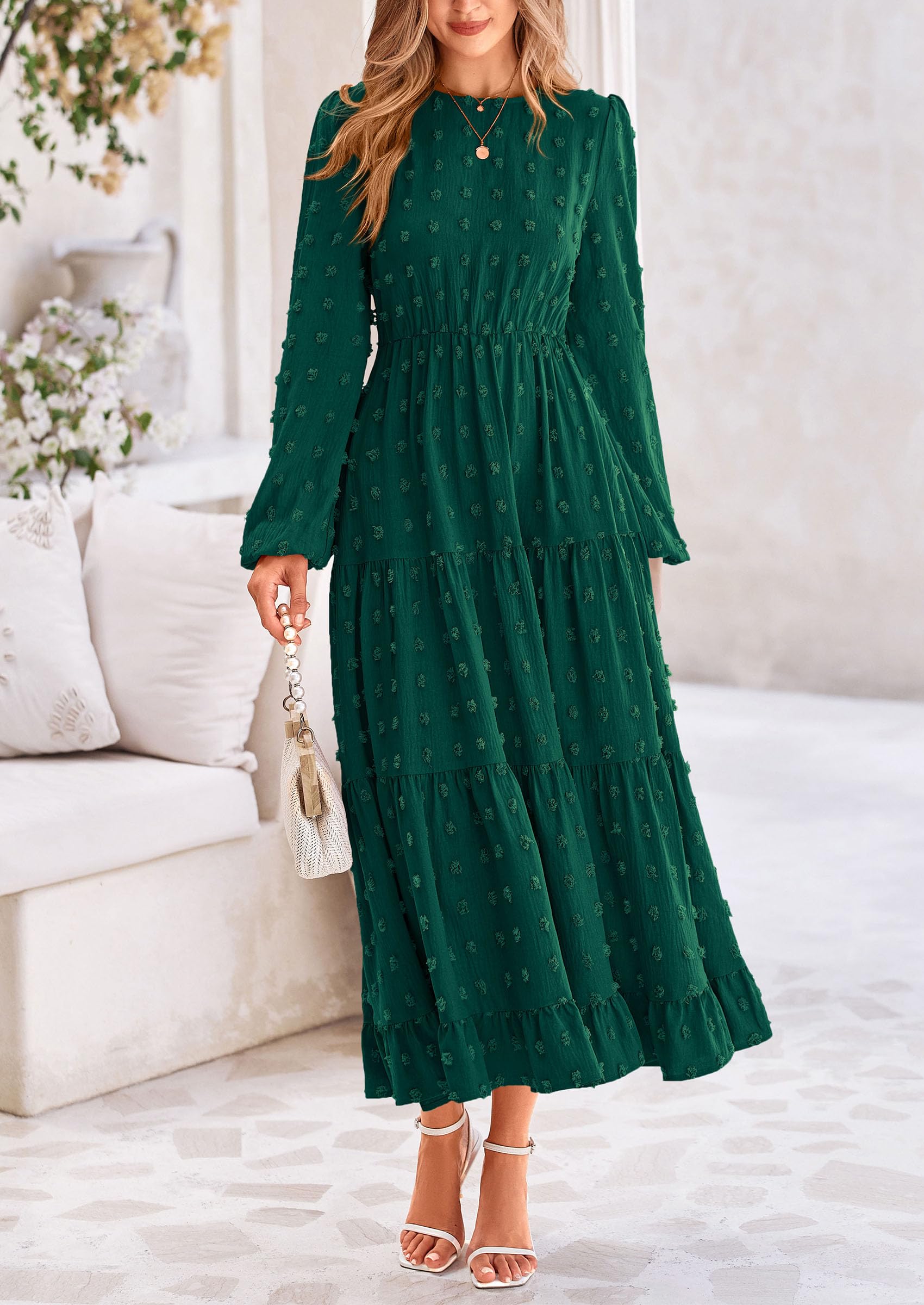 PRETTYGARDEN Women's Fall Spring Elegant Long Sleeve Maxi Dress Swiss Dot A Line Flowy Casual Holiday Party Going Out Dresses