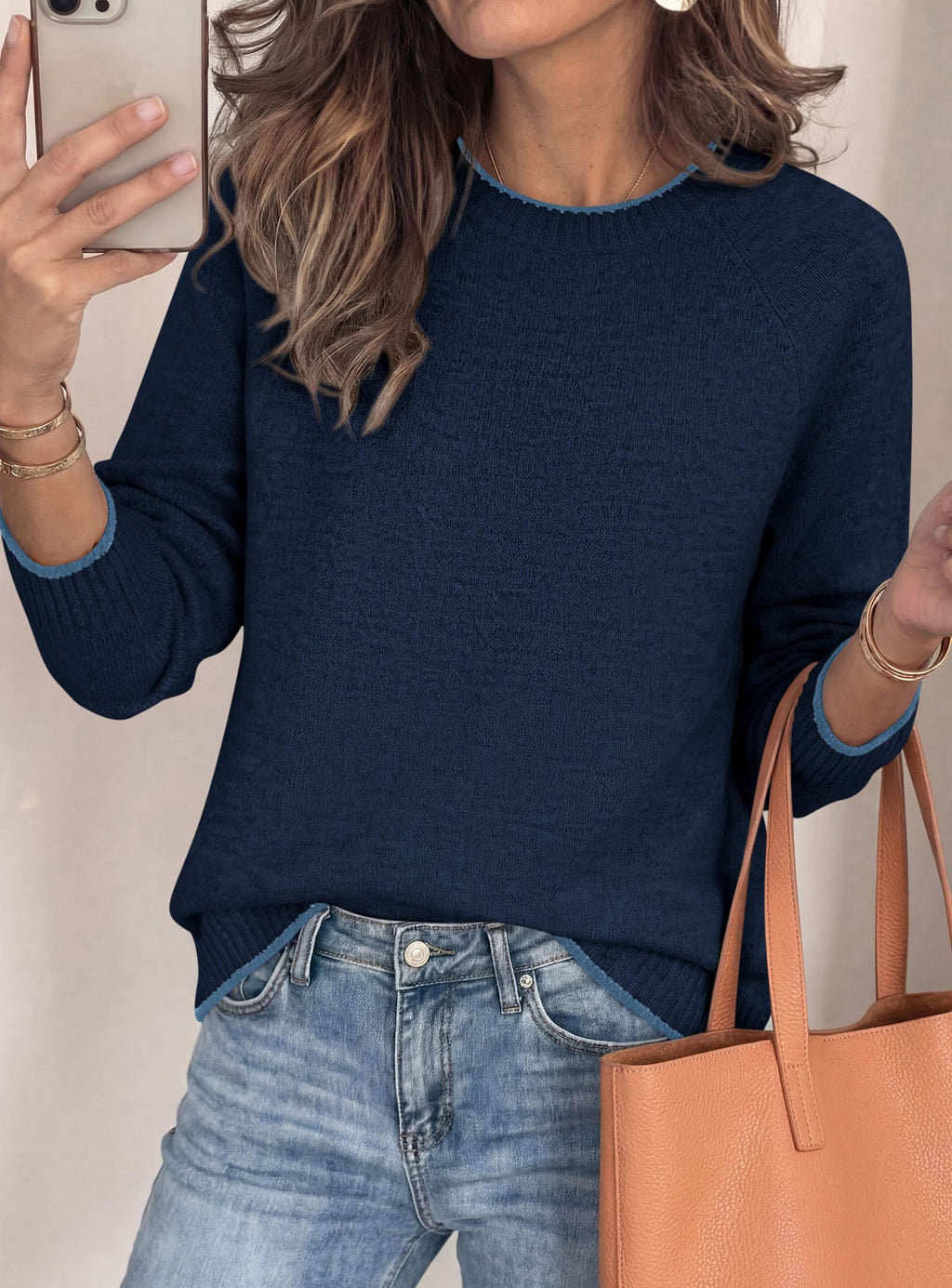 PRETTYGARDEN Womens Crewneck Fall Sweaters Pullover Tops Soft Stretchy Knit,Raglan Long Sleeve,Ribbed Cuffs,Color Block,Casual Daily Outfits,Office Work Clothes,Winter Layering Wear