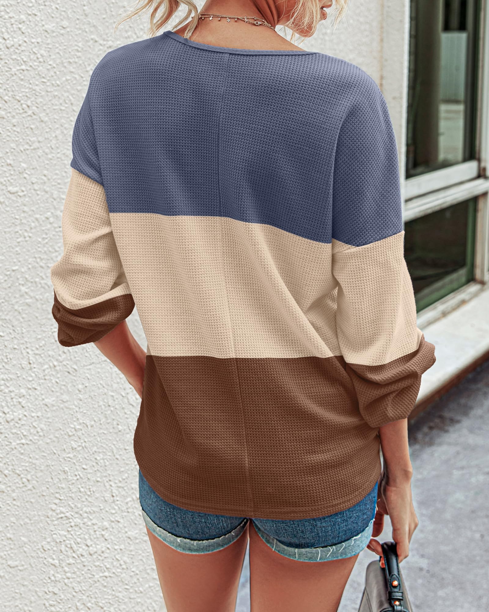 FreshPretty Womens Fall Fashion Long Sleeve Shirts Spring V Neck Loose Casual Deco Button Lightweight Waffle Knit Tops