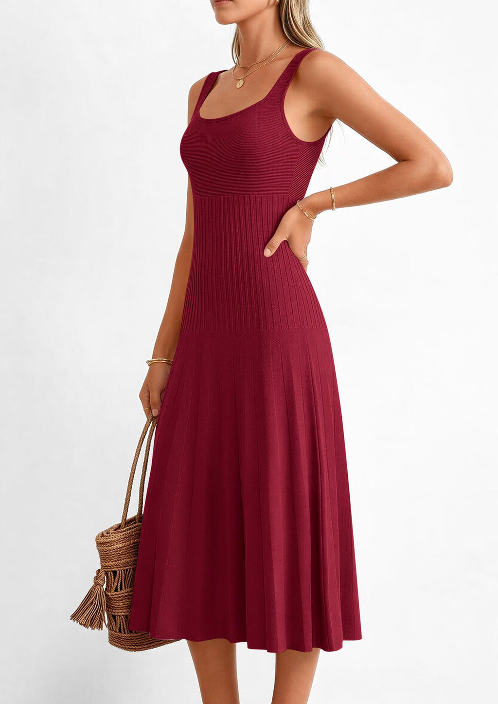 PRETTYGARDEN Spring Dresses for Women Summer Casual Sleeveless Square Neck A Line Knit Pleated Midi Cocktail Party Dress