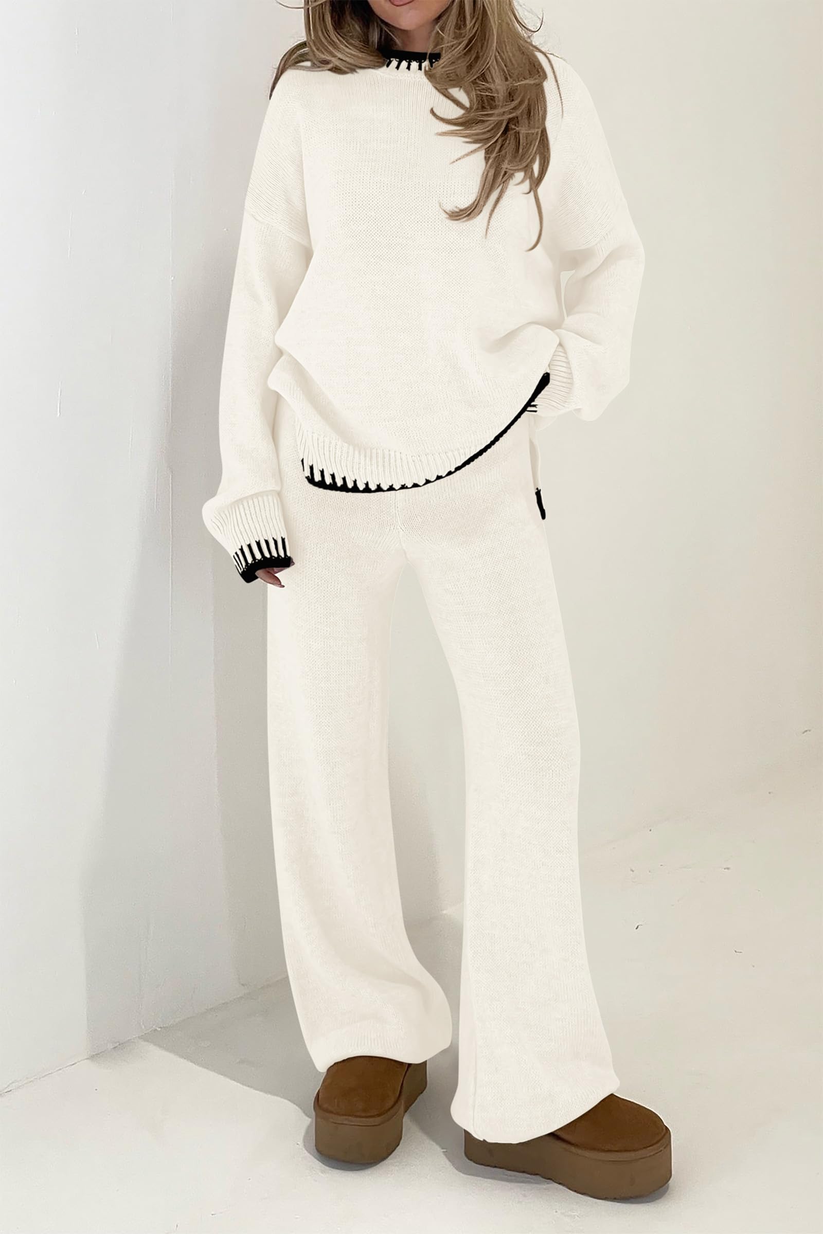 PRETTYGARDEN Women's 2 Piece Knit Sweater Outfit Casual Long Sleeve Pullover Wide Leg Pants Tracksuit Loungewear Set