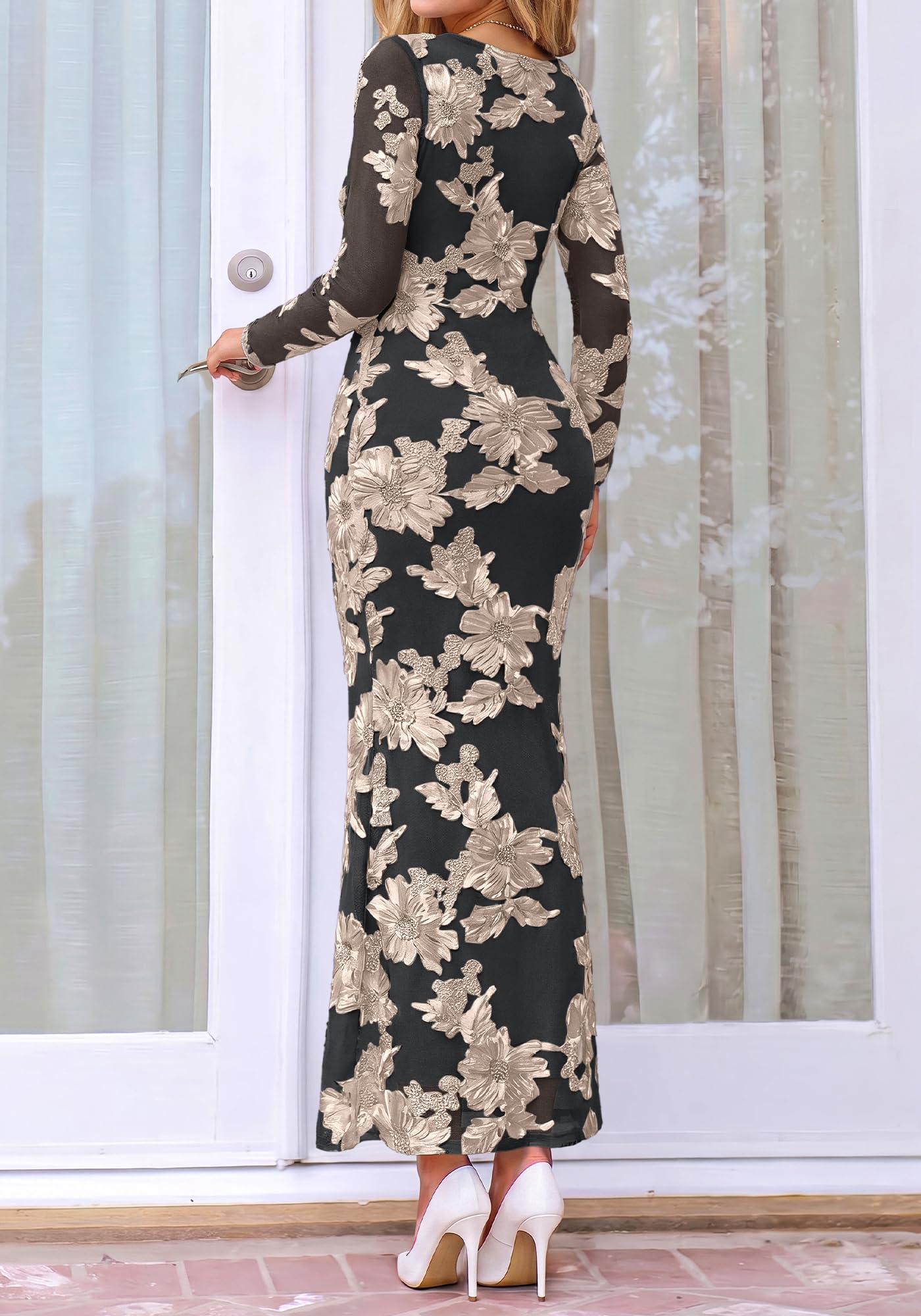 BTFBM Womens Long Sleeve Bodycon Floral Mesh Maxi Fall Wedding Guest Dress Semi Formal Dresses For Bridal Shower, Engagement, Cocktail, Homecoming, Prom, Birthday Party, Date Night Outfits, Lined
