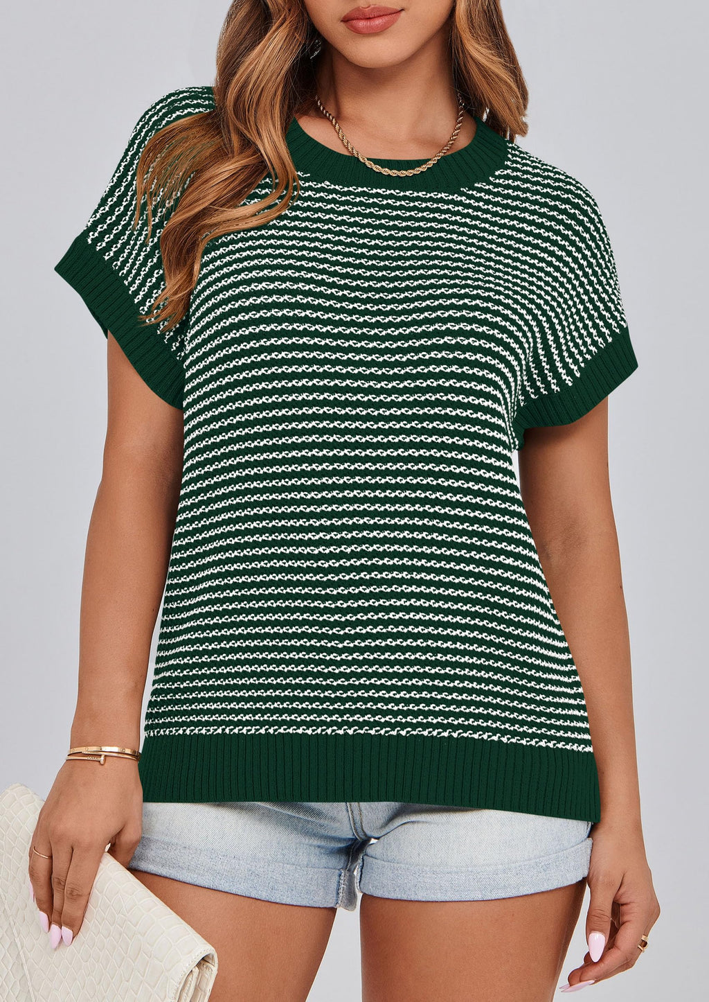 PRETTYGARDEN Womens Short Sleeve Sweater Spring Summer Round Neck Striped Pullover Cap Sleeve Knit Sweater Vest Tops