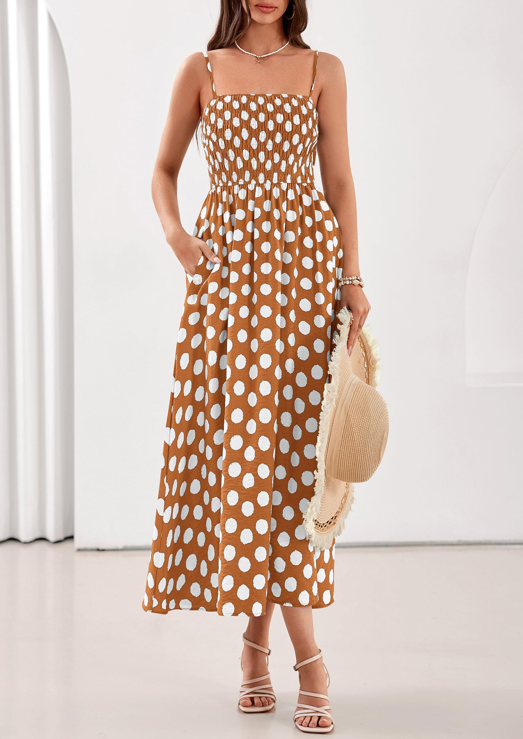PRETTYGARDEN Womens Polka Dot Dress Summer Sleeveless Spaghetti Straps Smocked Sun Dress Flowy Spring Beach Midi Dresses