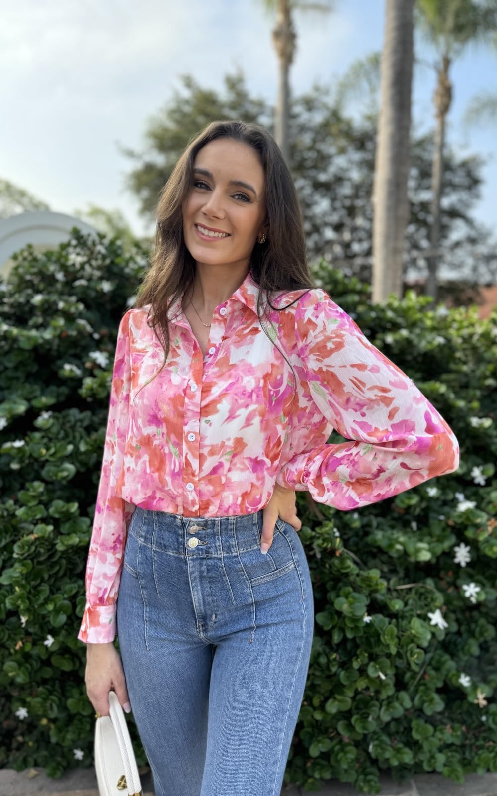 PRETTYGARDEN Women's Floral Blouses Dressy Casual V Neck Button Down Shirts Lantern Long Sleeve Boho Chiffon Spring Tops