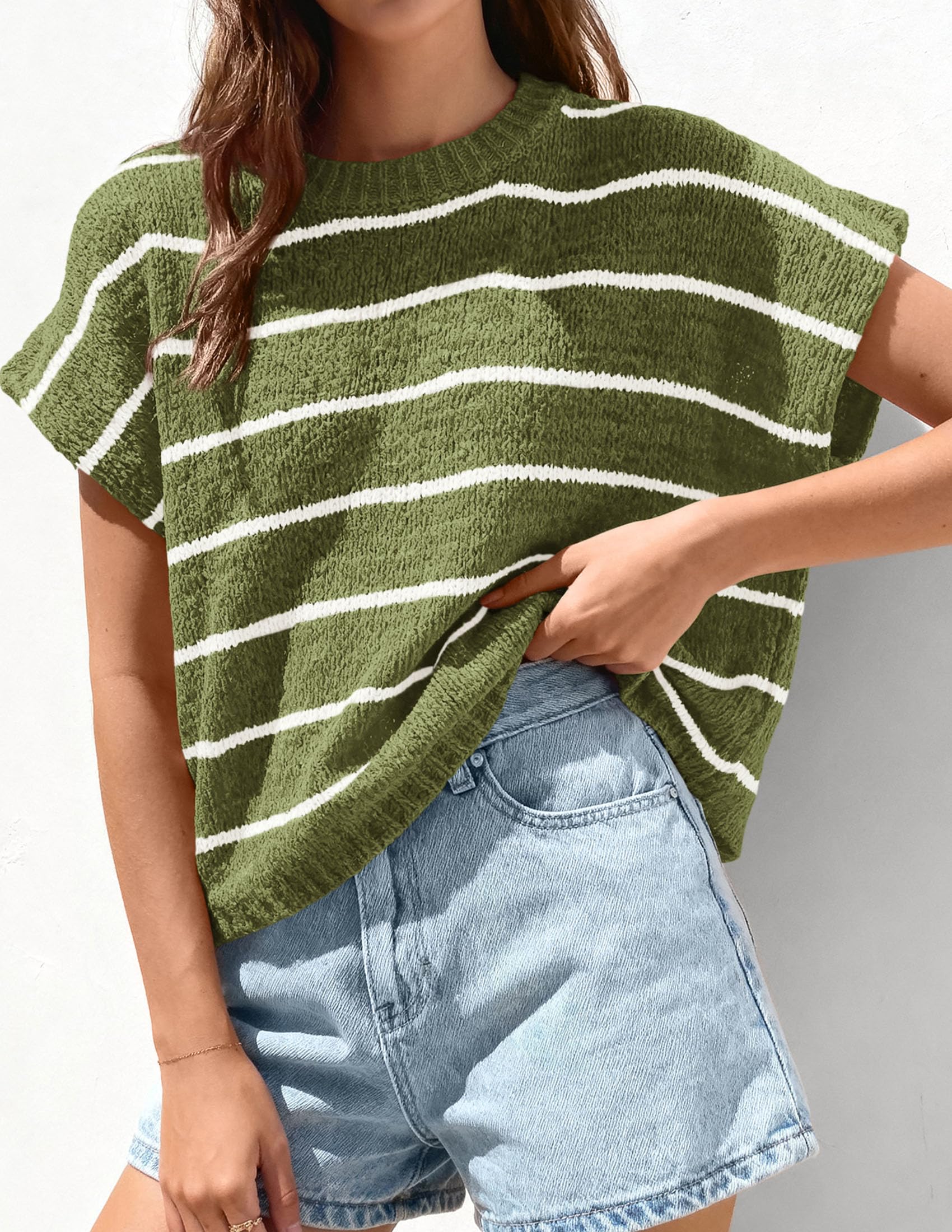 PRETTYGARDEN Womens Summer Short Sleeve Tops Trendy Crew Neck Striped Knit Sweater Business Casual Spring Clothes