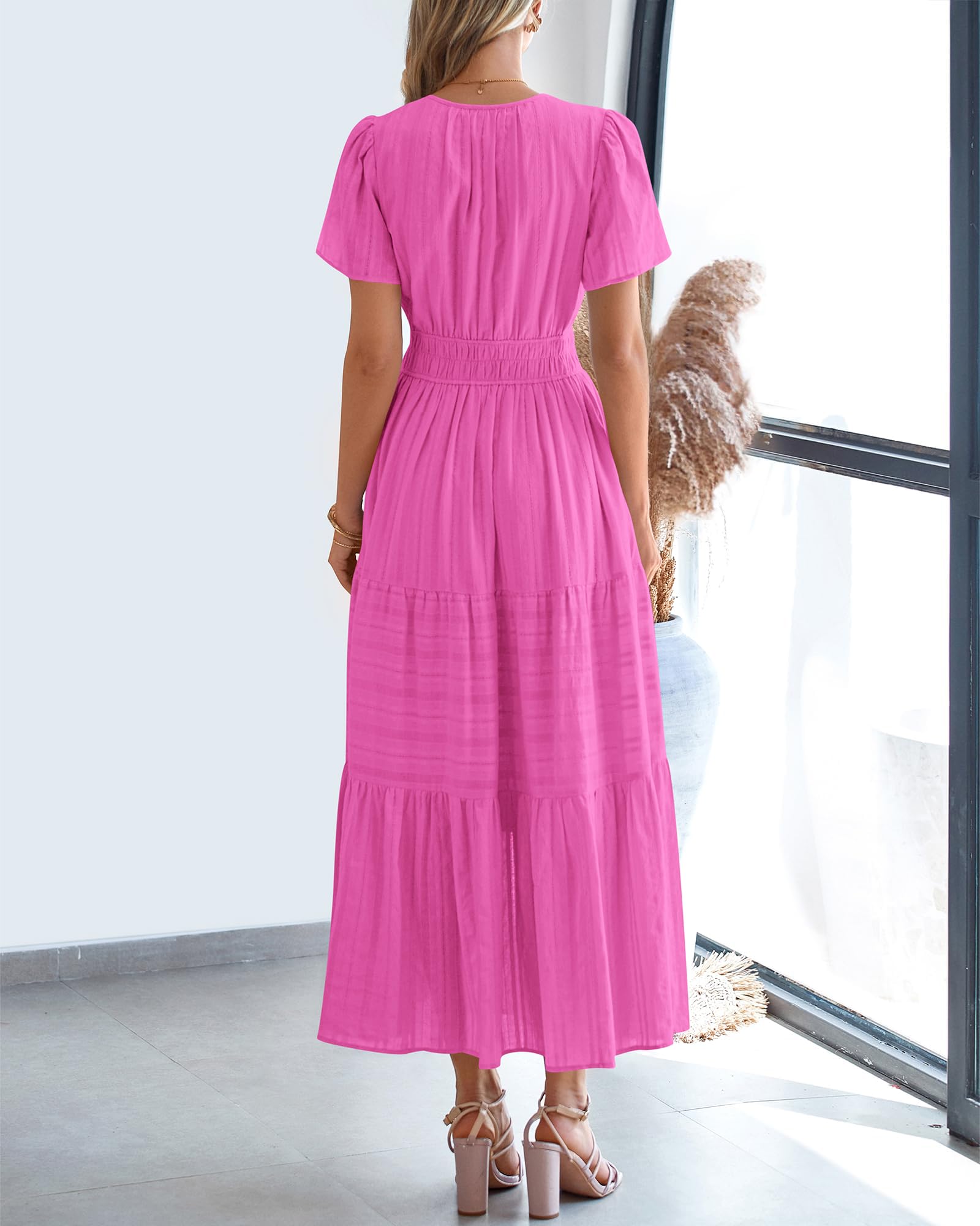 BTFBM Womens Summer Casual Midi Maxi Dresses Lightweight Short Sleeve V Neck Elastic Waist Boho Beach Dress Pockets