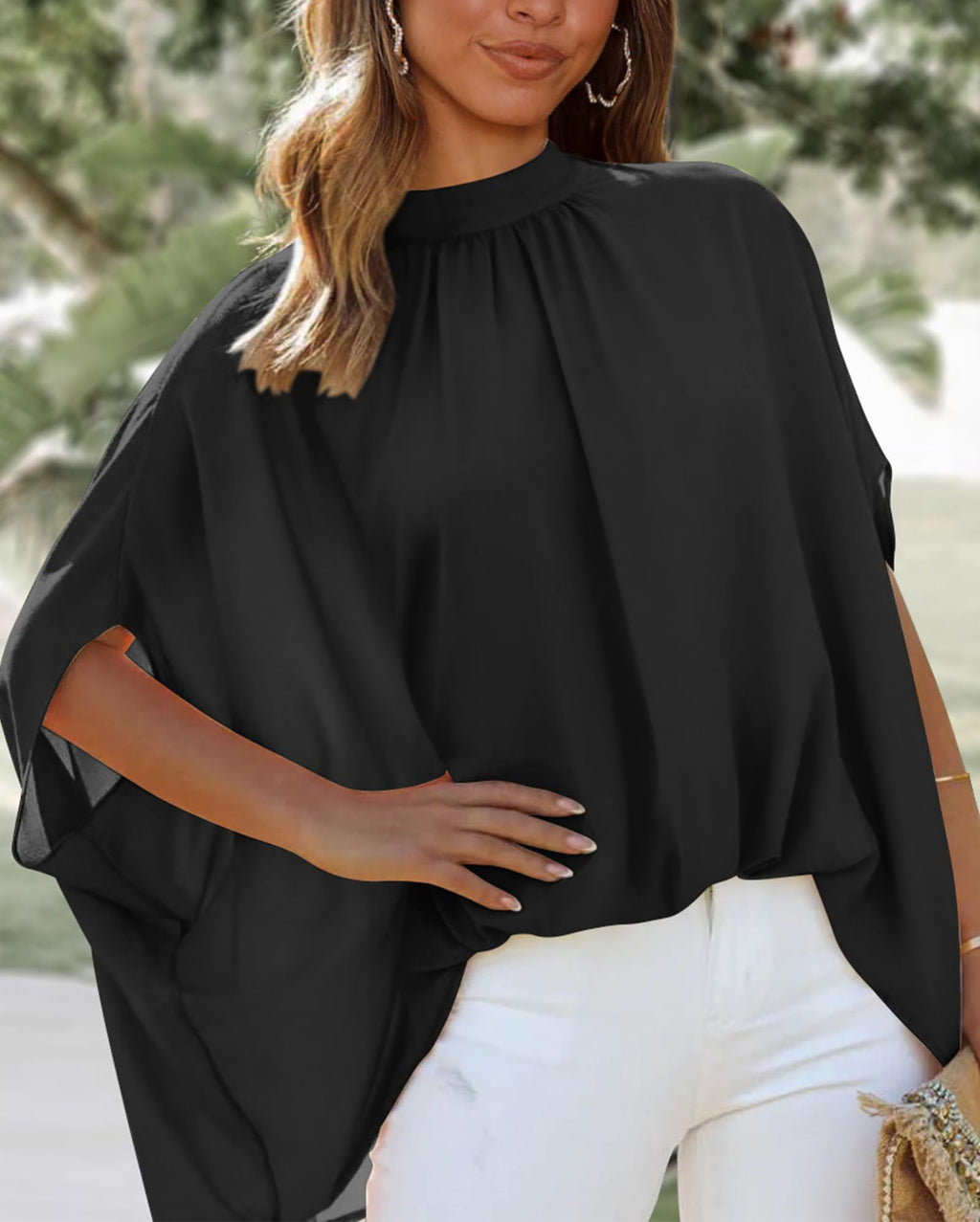 FreshPretty Womens Summer Tops Fall Mock Neck Batwing Sleeve Shirts Loose High Low Hem Oversized Dressy Casual Blouses