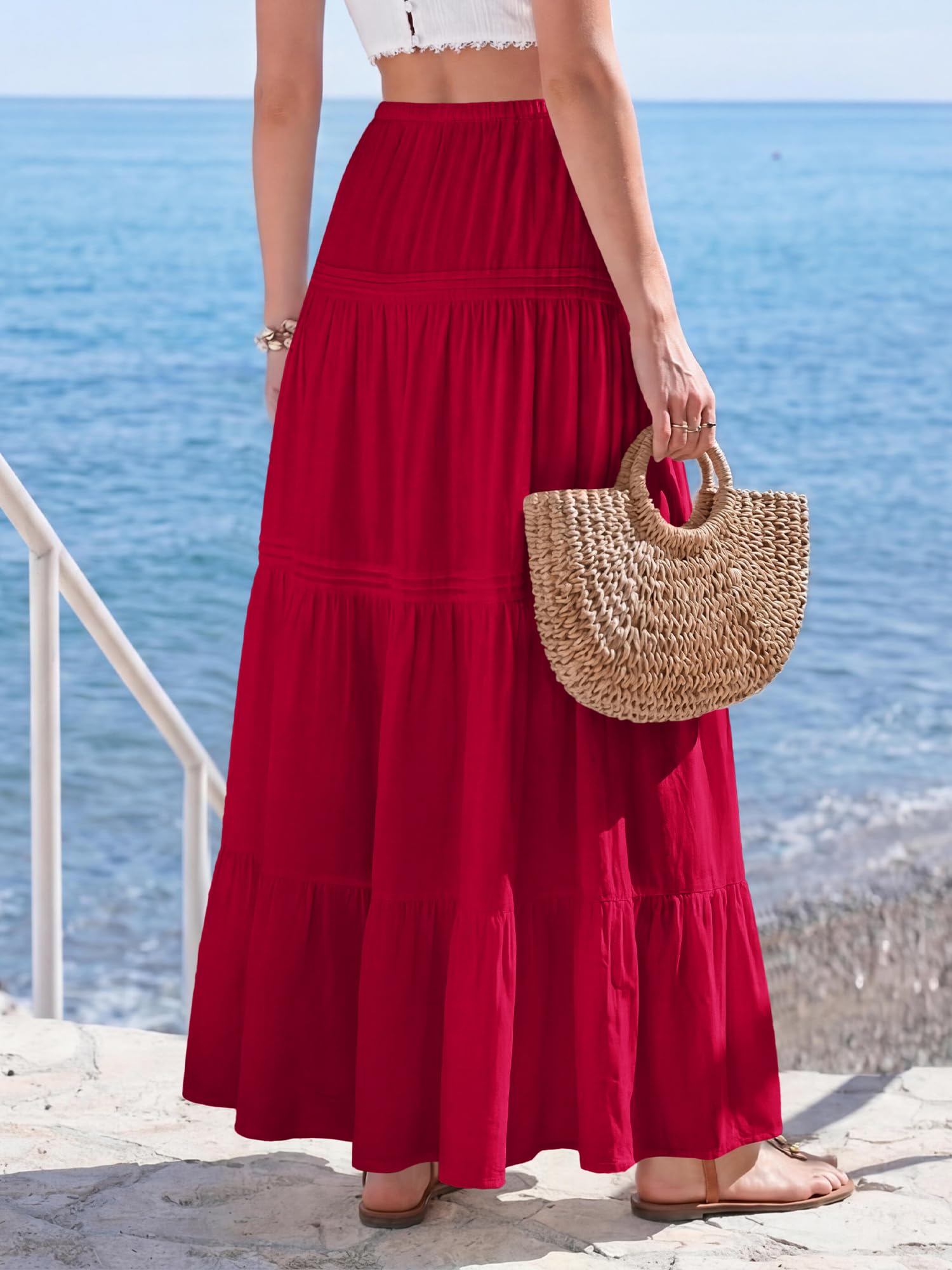 BTFBM Spring Skirts for Women Summer Boho Beach Vacation Clothes Casual Pleated High Waisted Flowy Maxi Skirt