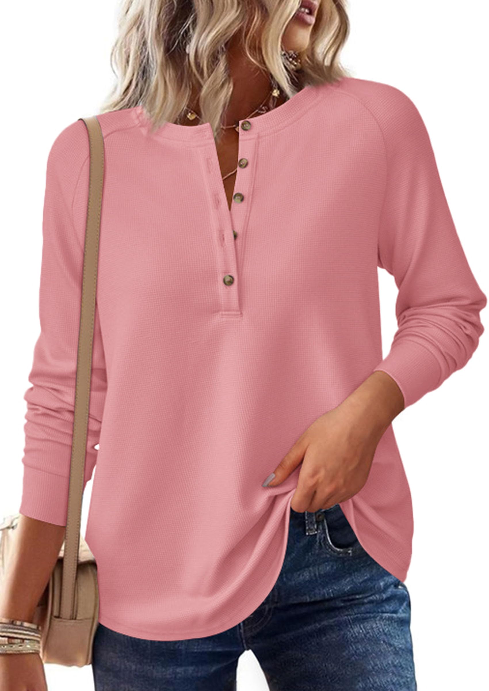 PRETTYGARDEN Women's Long Sleeve Waffle Knit Shirts Fall Casual Button Up Henley V Neck Tunic Tops Loose Fit Basic Tees