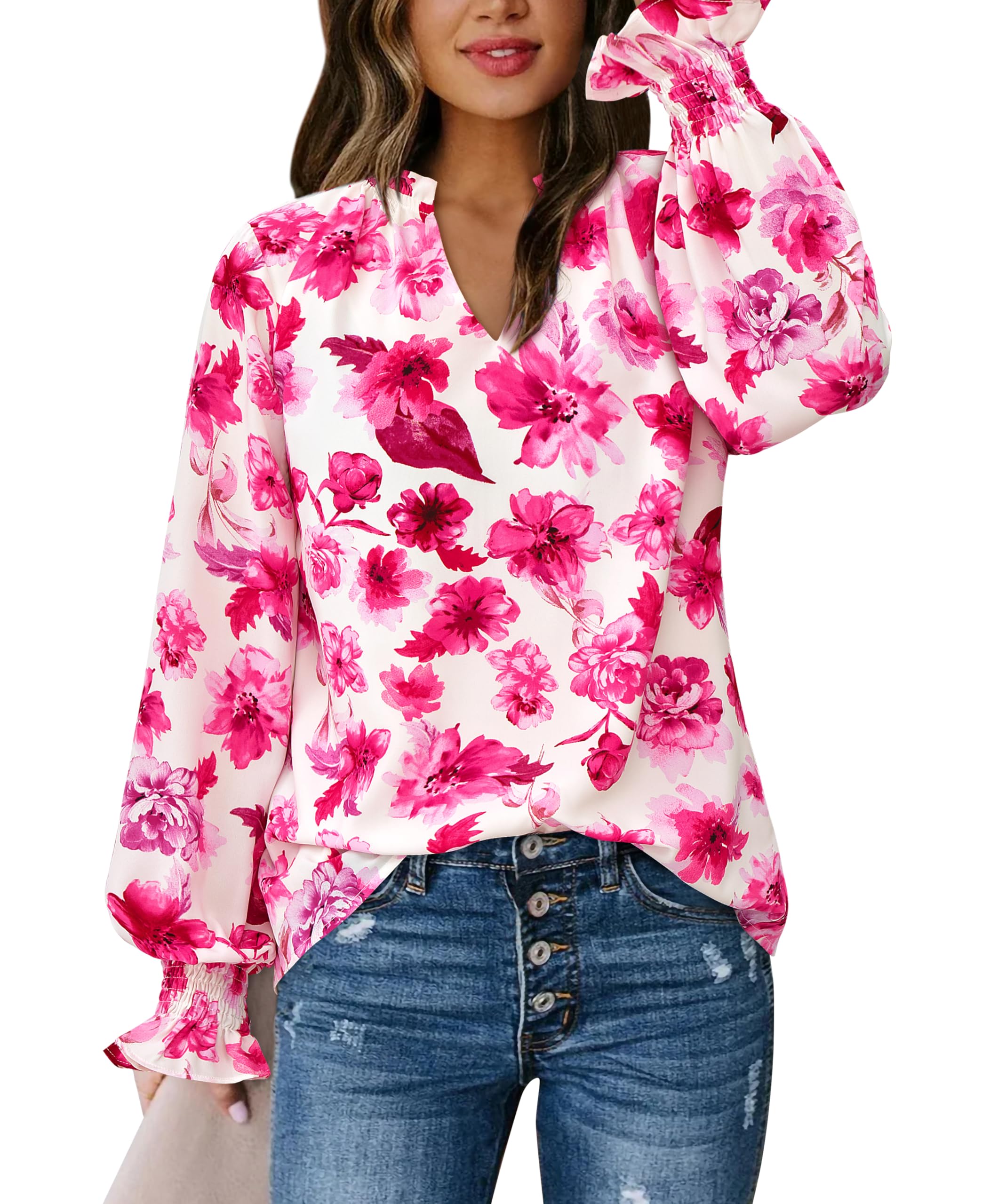 FreshPretty Womens V Neck Floral Long Sleeve Tops Summer Casual Loose Puff Sleeve Chiffon Boho Work Blouse Dressy T Shirts