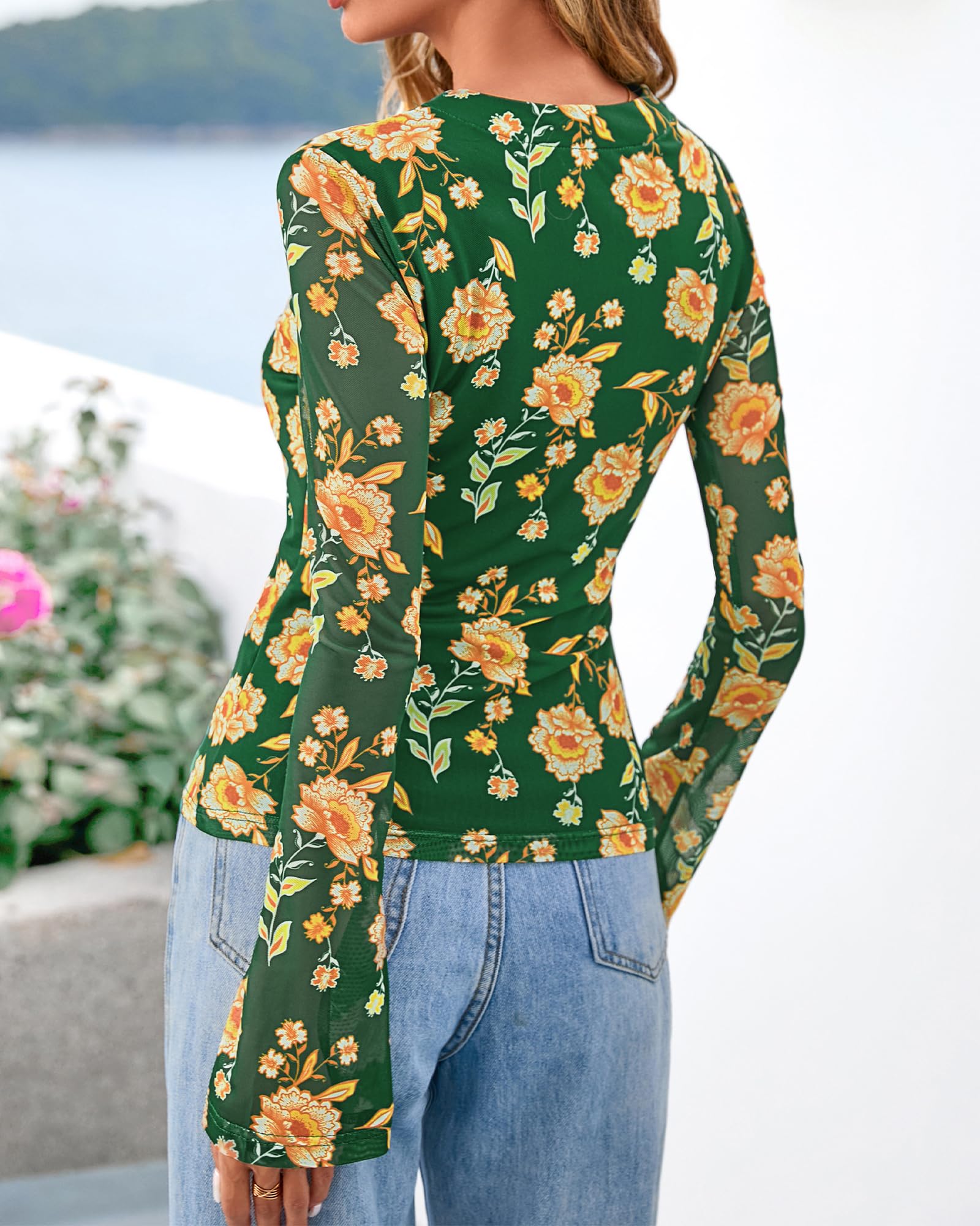 BTFBM Button Down Shirts for Women Spring Boho Tops V Neck Long Sleeve Blouses Ruched Mesh Fitted Fall Fashion