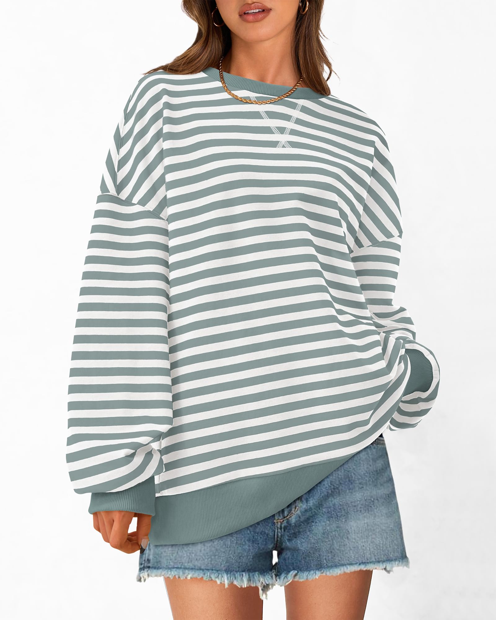 BTFBM Sweatshirt For Women Summer Crewneck Long Sleeve Oversized Striped Pullover Tops Y2K Clothes Workout Shirt