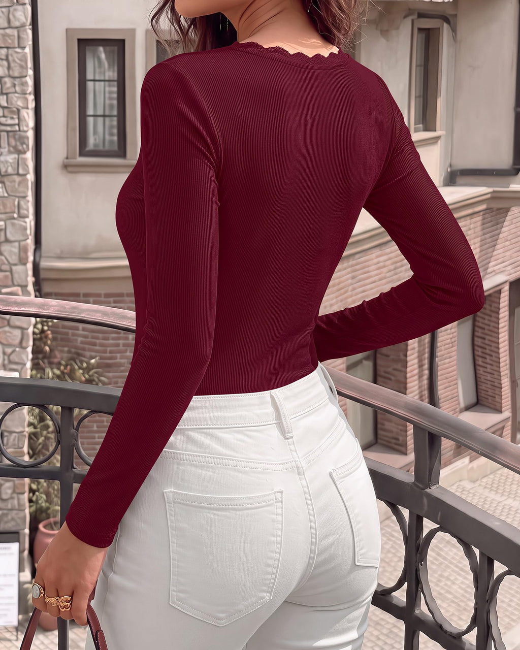 BTFBM Lace Deep V Neck Fitted Long Sleeve Shirts for Women | Womens Fall Fashion, Casual T Shirt, Base Layer, Basic Undershirts, Slim Fit Going Out Tops, Date Night Out Outfits