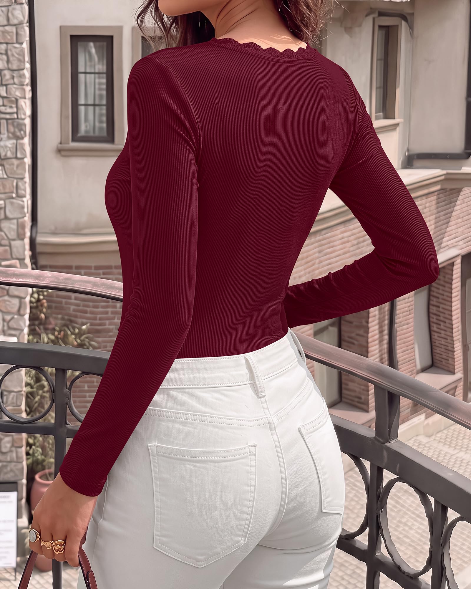 BTFBM Lace Deep V Neck Fitted Long Sleeve Shirts for Women | Womens Fall Fashion, Casual T Shirt, Base Layer, Basic Undershirts, Slim Fit Going Out Tops, Date Night Out Outfits