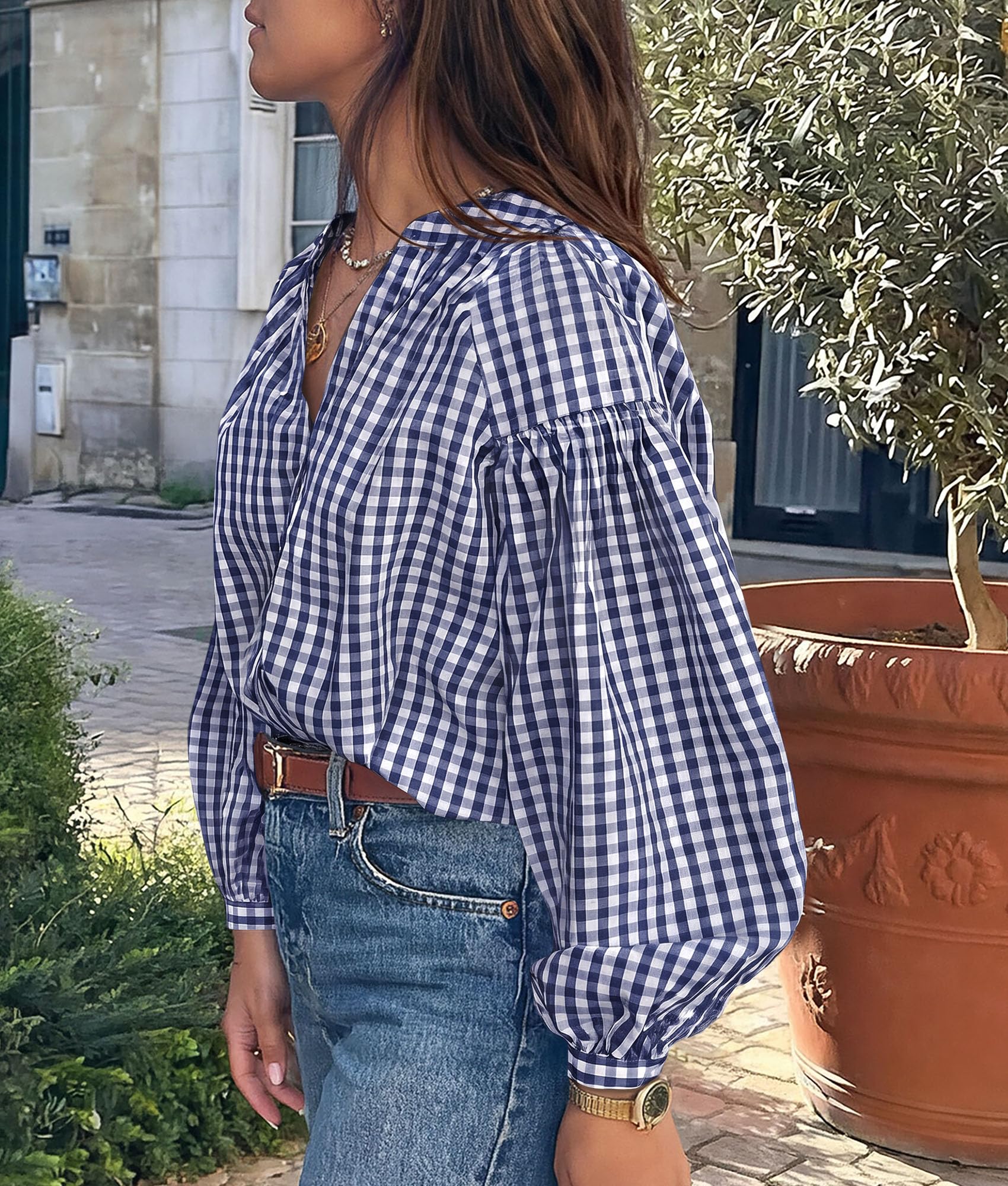 PRETTYGARDEN Women Fall Plaid Long Puff Sleeve Shirts V Neck Casual Blouses Gingham Button Down Oversized, Pleated Drop Shoulder Cotton Tops, Dressy Casual, Work Vacation Travel, Fall Outfits Trendy
