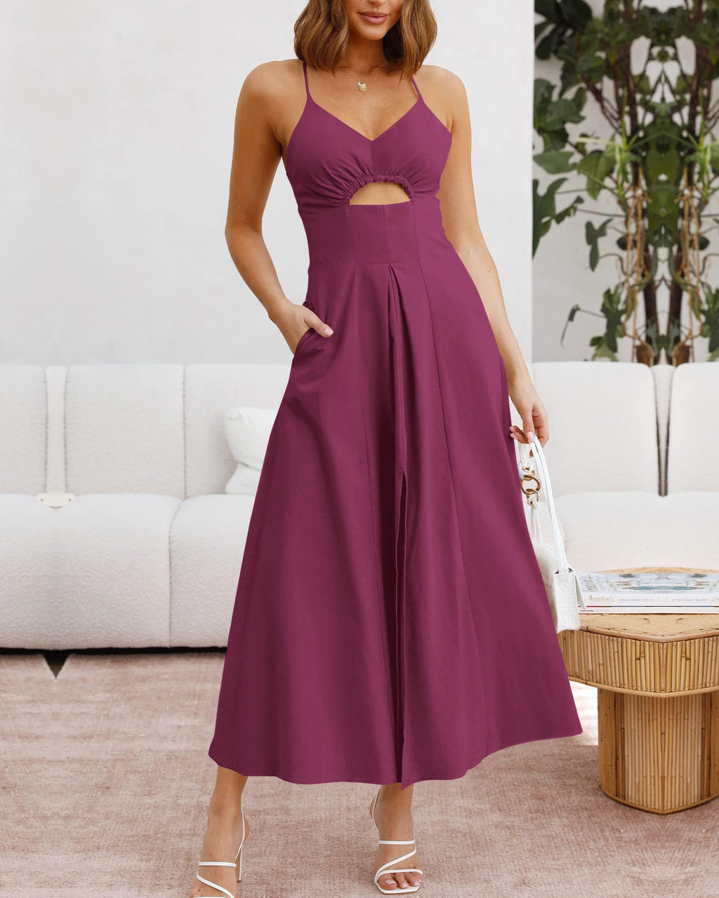 BTFBM Women Spaghetti Strap Midi Summer Dresses Sleeveless V Neck Cutout Slit Casual Beach Party Maxi Dress Pockets