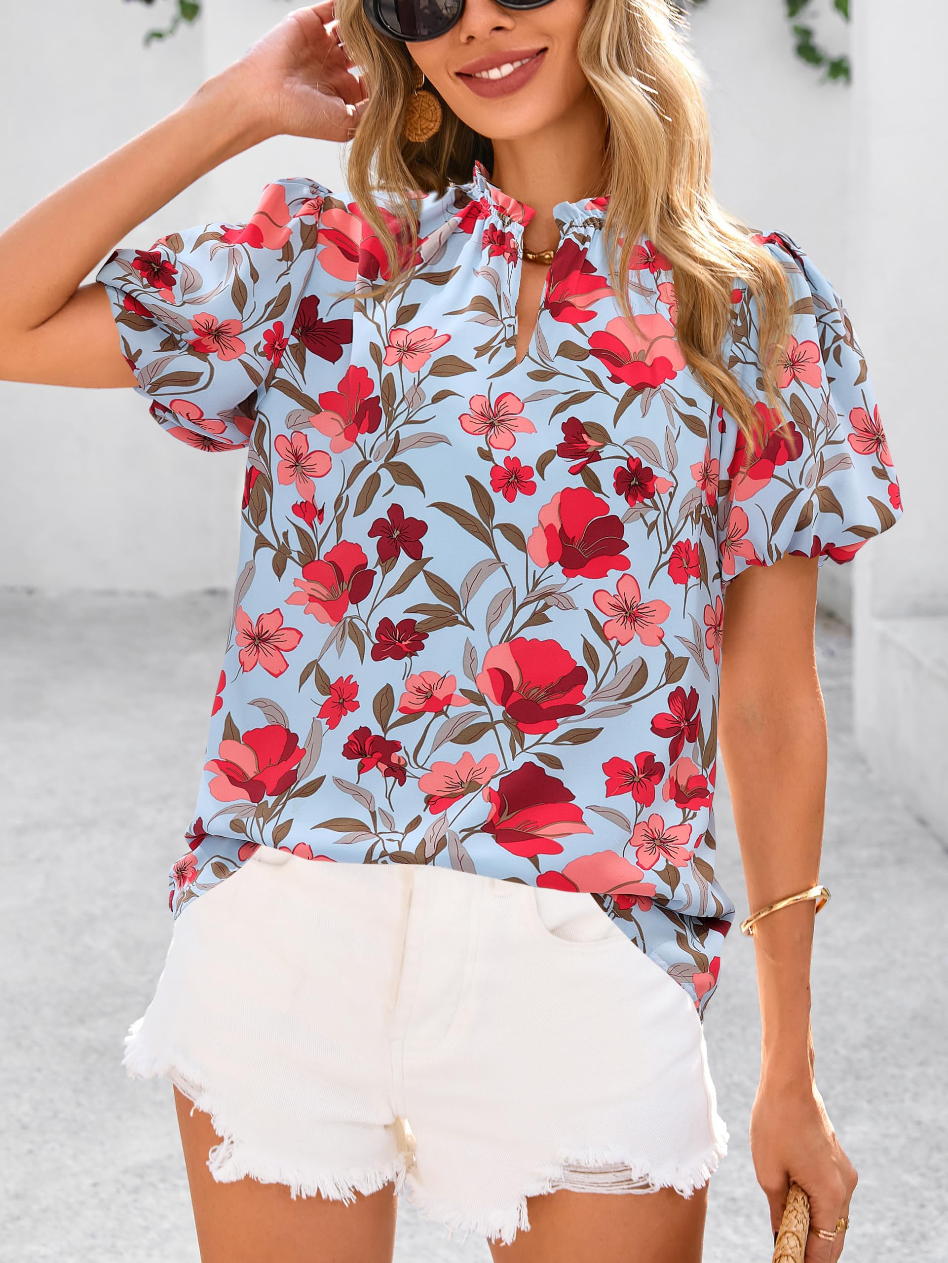 PRETTYGARDEN Boho Short Sleeve Floral Work Blouses for Women Dressy Casual V Neck Puff Sleeve Loose Chiffon Flowy Tops Shirts