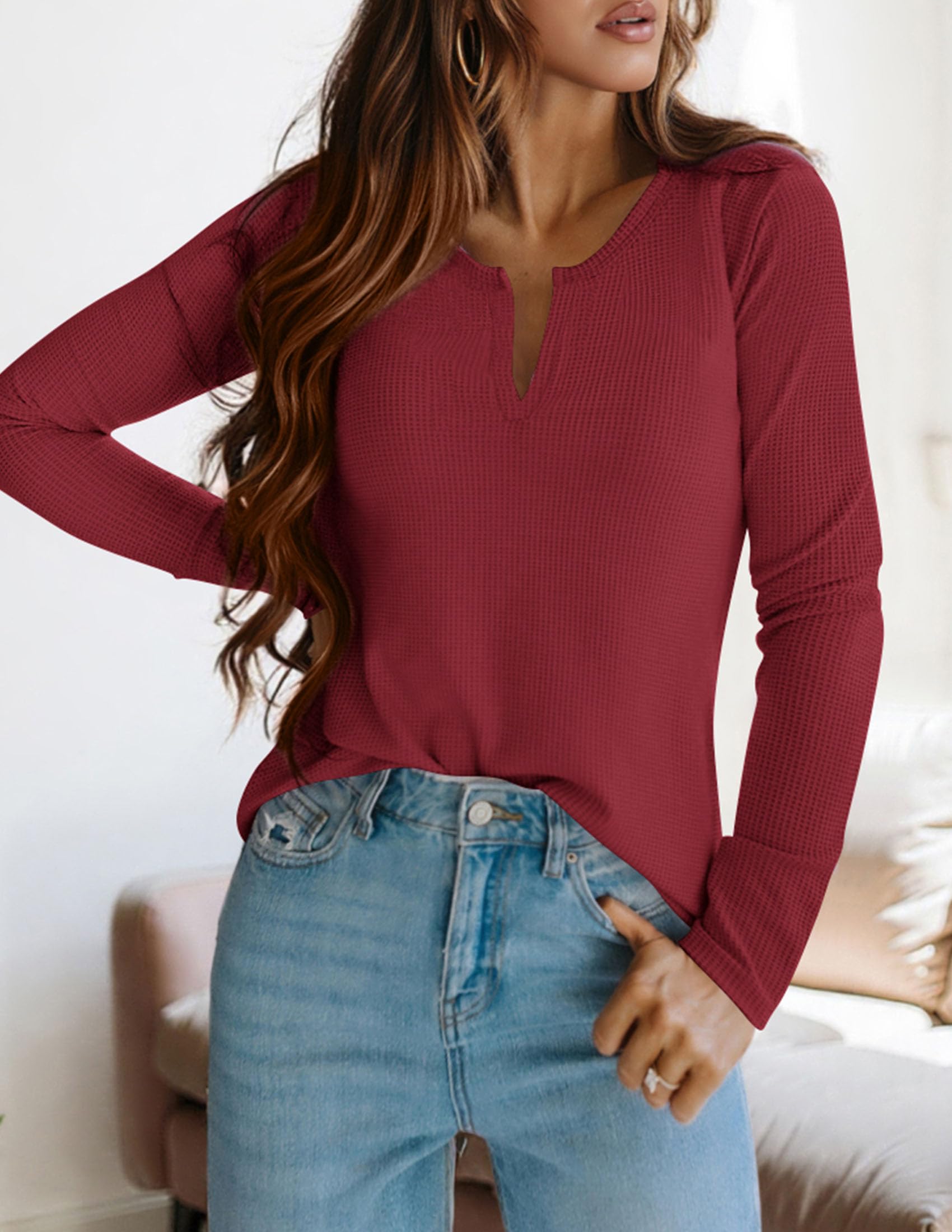 PRETTYGARDEN Long Sleeve Shirts for Women Fall V Neck Waffle Basic Tee Dressy Casual Winter Blouses Knit Tunic Tops