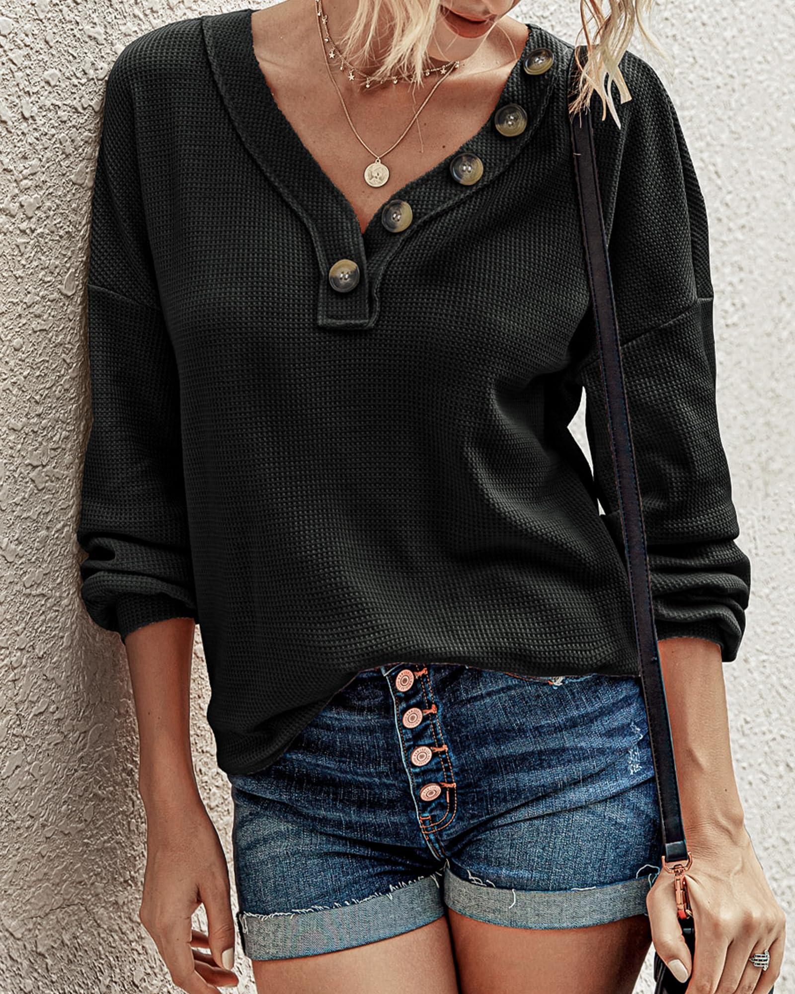 FreshPretty Womens Fall Fashion Long Sleeve Shirts Spring V Neck Loose Casual Deco Button Lightweight Waffle Knit Tops