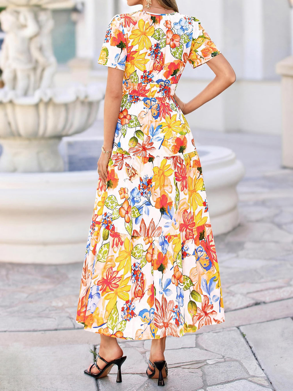 BTFBM Womens Summer Floral Maxi Dresses V Neck Short Sleeve Boho Casual Flowy Long Wedding Guest Dress Beach Vacation