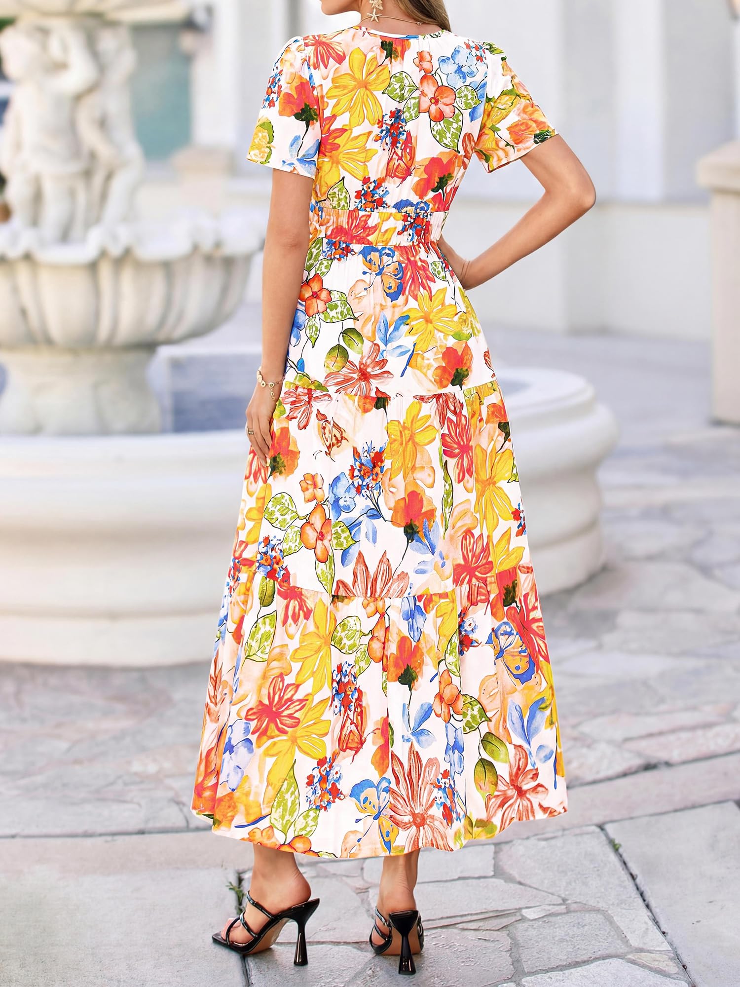 BTFBM Womens Summer Floral Maxi Dresses V Neck Short Sleeve Boho Casual Flowy Long Wedding Guest Dress Beach Vacation