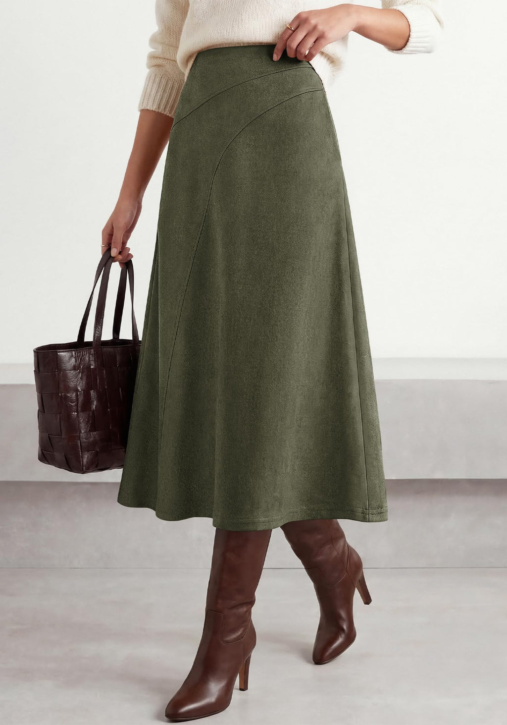 BTFBM Women Faux Suede Midi Long Skirt Fall Fashion | High Waisted Skirts For Women Trendy, Lightweight, Back Elastic, Arc Line Design, A-Line, Winter Dress, Boho Western Outfits