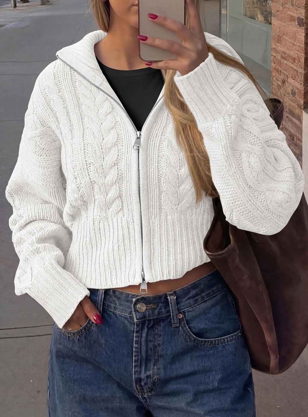PRETTYGARDEN Women's Cable Knit Cropped Cardigan Sweaters Oversized Sweater, Long Sleeve Zip Up Jacket, Collared Neck, Ribbed Hem, Cozy Soft Casual Wear, Fall Clothes Winter Outerwear