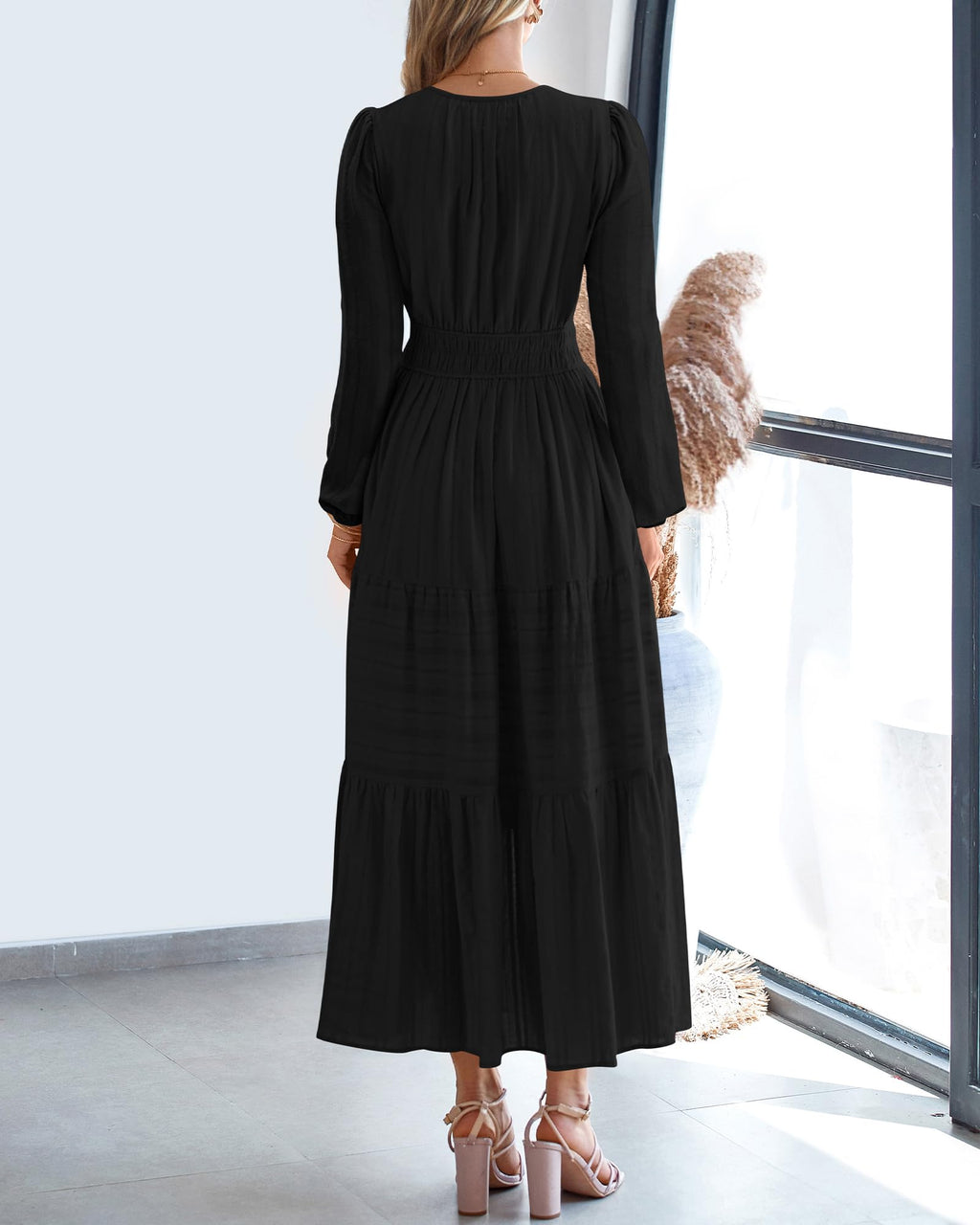 FreshPretty Fall Dresses for Women Casual Long Sleeve V Neck Elastic Waist Lightweight Maxi Wedding Guest Dress Pockets
