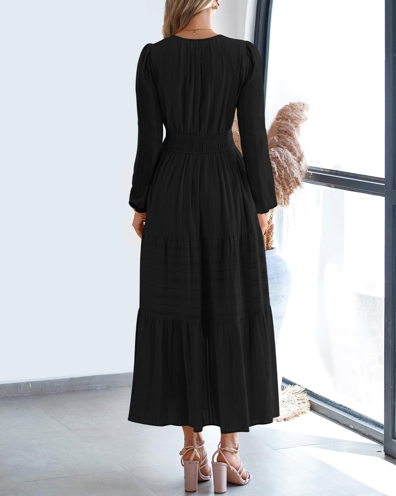 FreshPretty Fall Dresses for Women Casual Long Sleeve V Neck Elastic Waist Lightweight Maxi Wedding Guest Dress Pockets