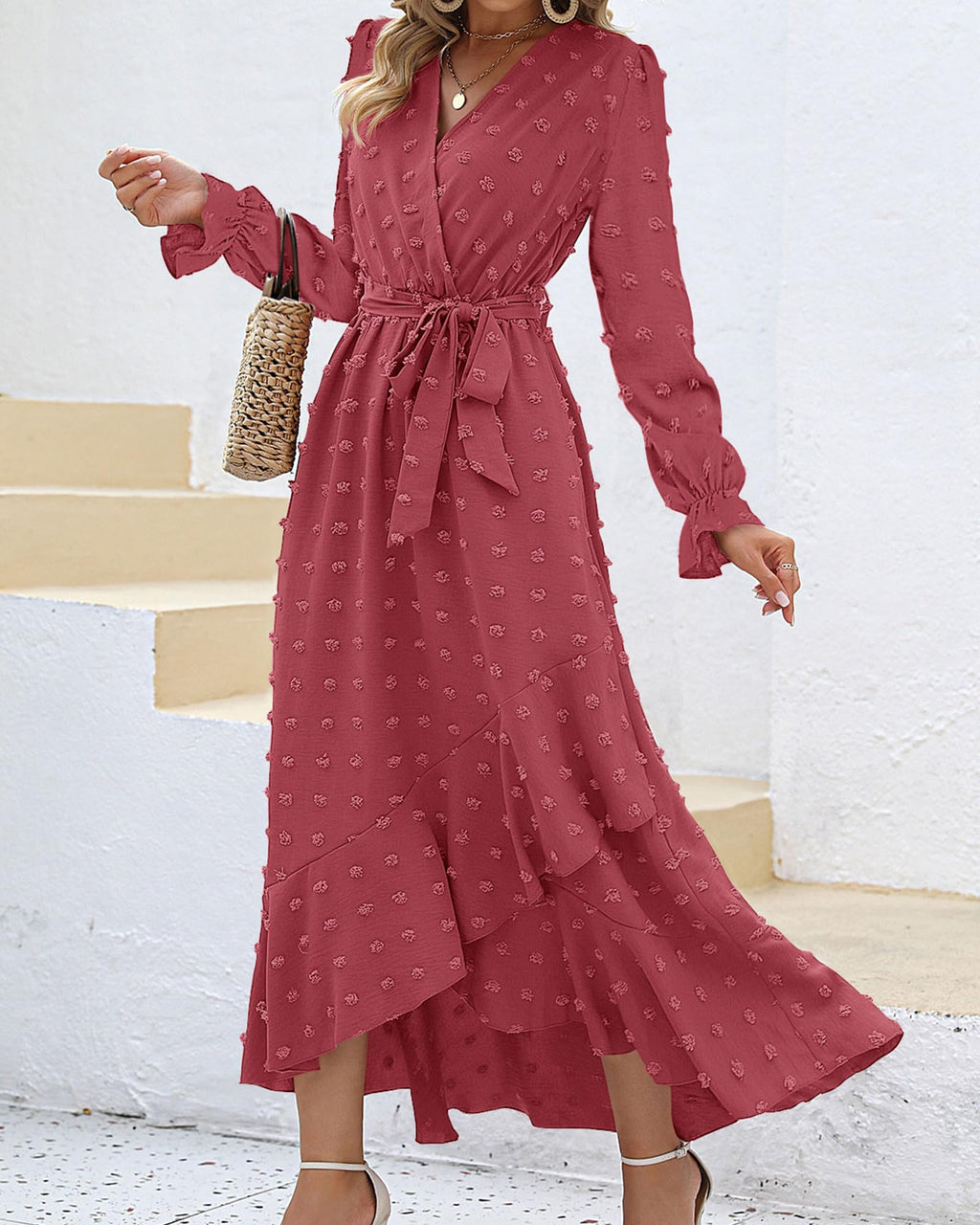 FreshPretty Long Sleeve Maxi Dresses for Women V Neck Swiss Dot Boho Flowy Slit Cocktail Wedding Guest Dress Fall Clothes