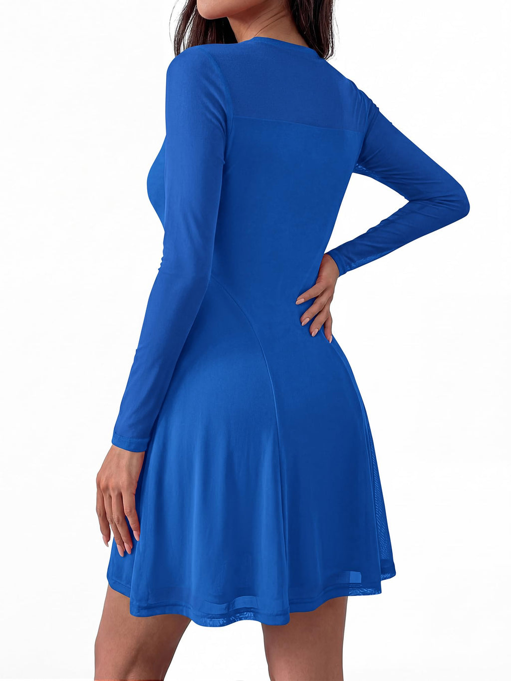 BTFBM Women’s Mini Dress Sheer Mesh Long Sleeve Crew Neck Flowy A Line Casual Cocktail Party Going Out Dresses Fall