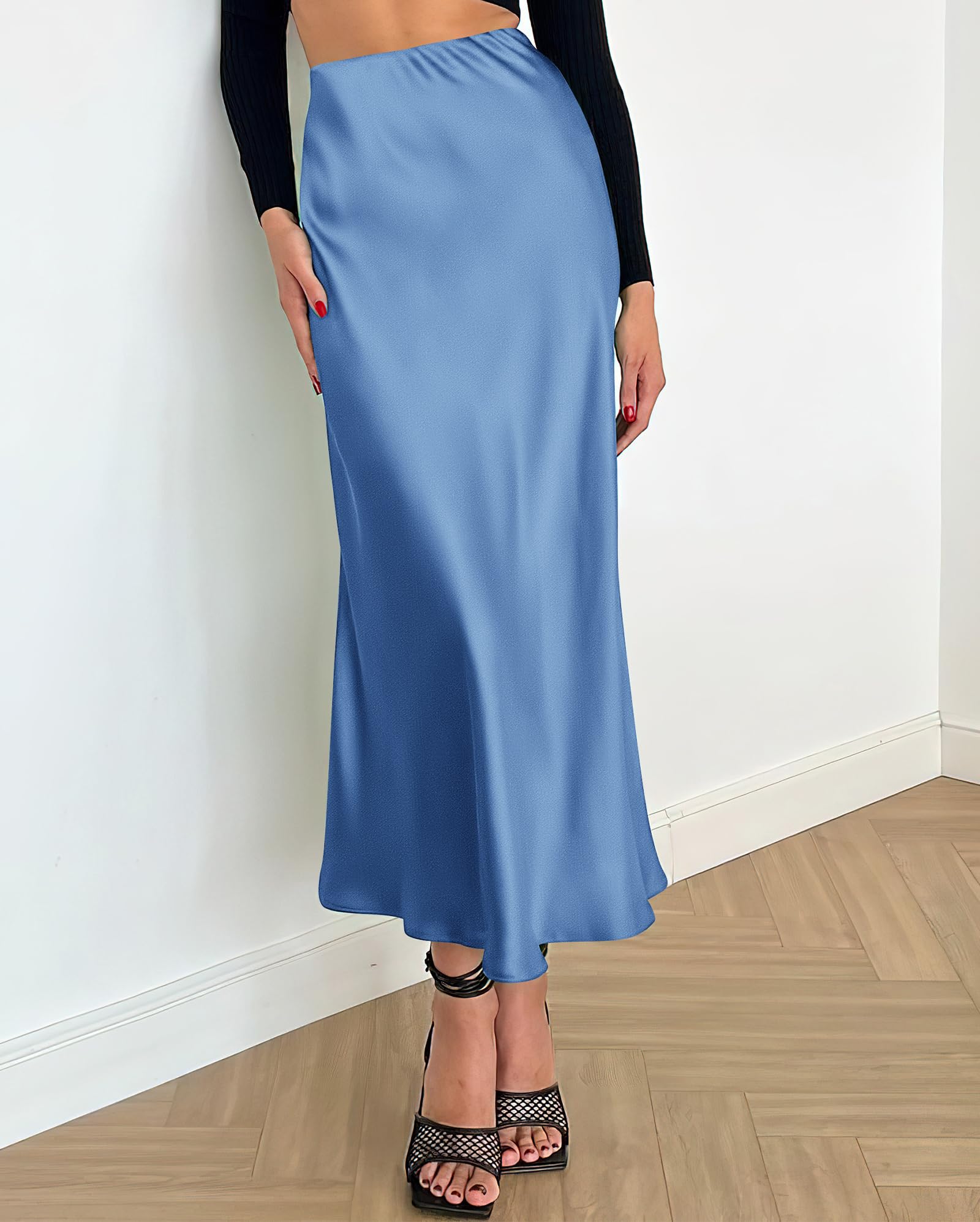 BTFBM Summer Womens Skirts Silk Elegant High Waist Flowy Long Satin A-Line Midi Skirt Cocktail Wedding Party