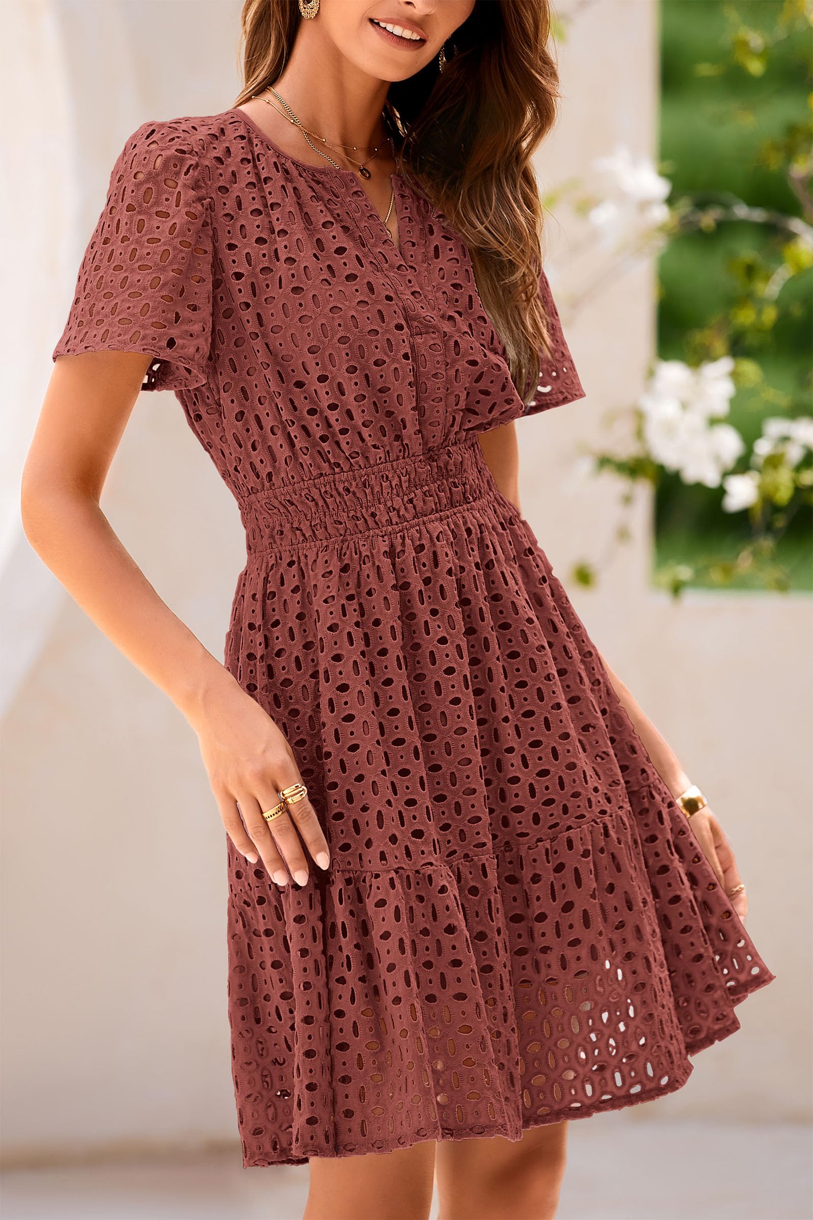 PRETTYGARDEN Womens Summer Short Dress V Neck Short Sleeve A Line Hollow Out Lace Ruffle Cute Casual Beach Party Dresses