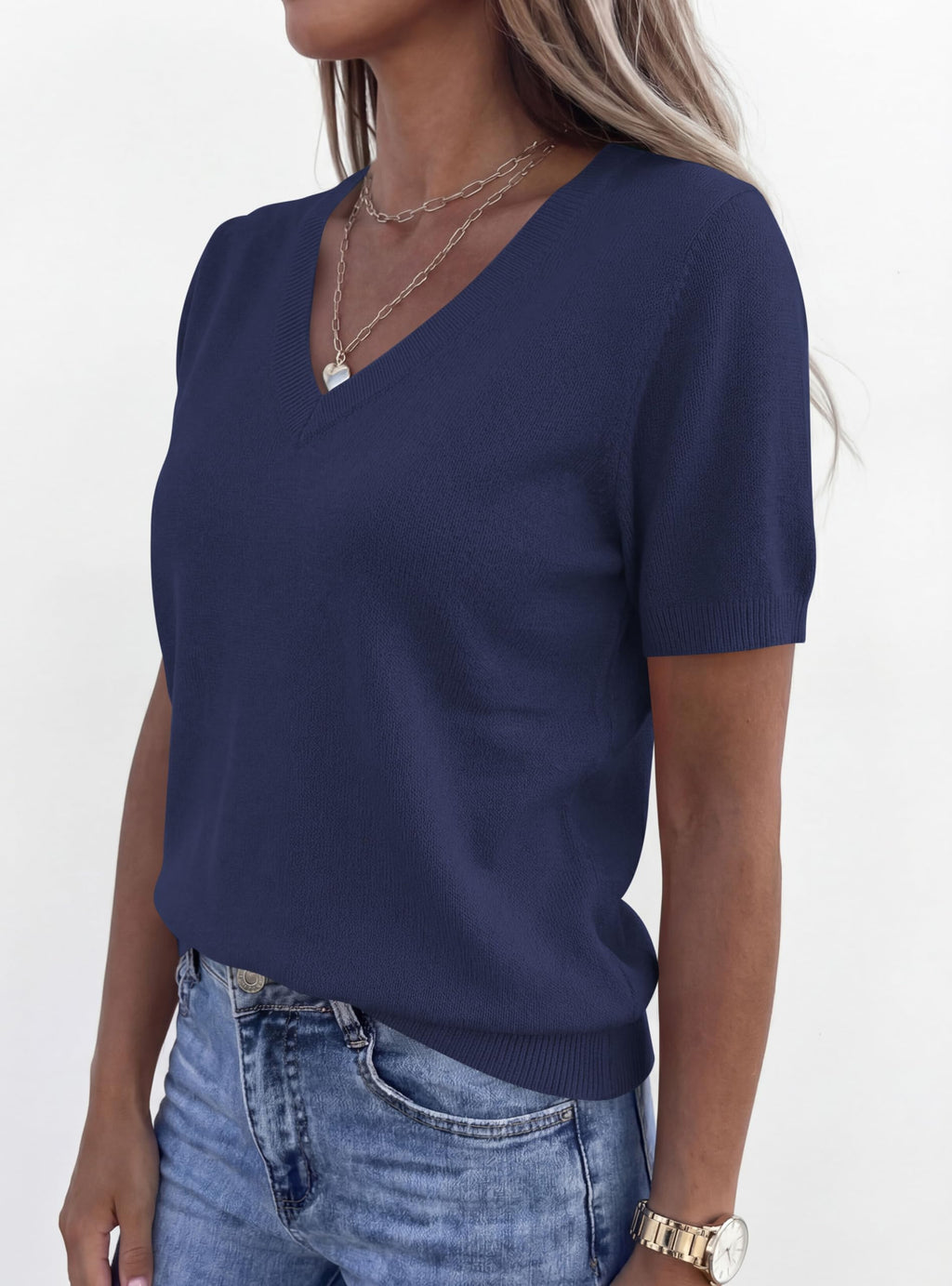PRETTYGARDEN Womens Short Sleeve Sweater V Neck Trendy Pullover Tops Summer Spring Loose Lightweight Casual Blouse