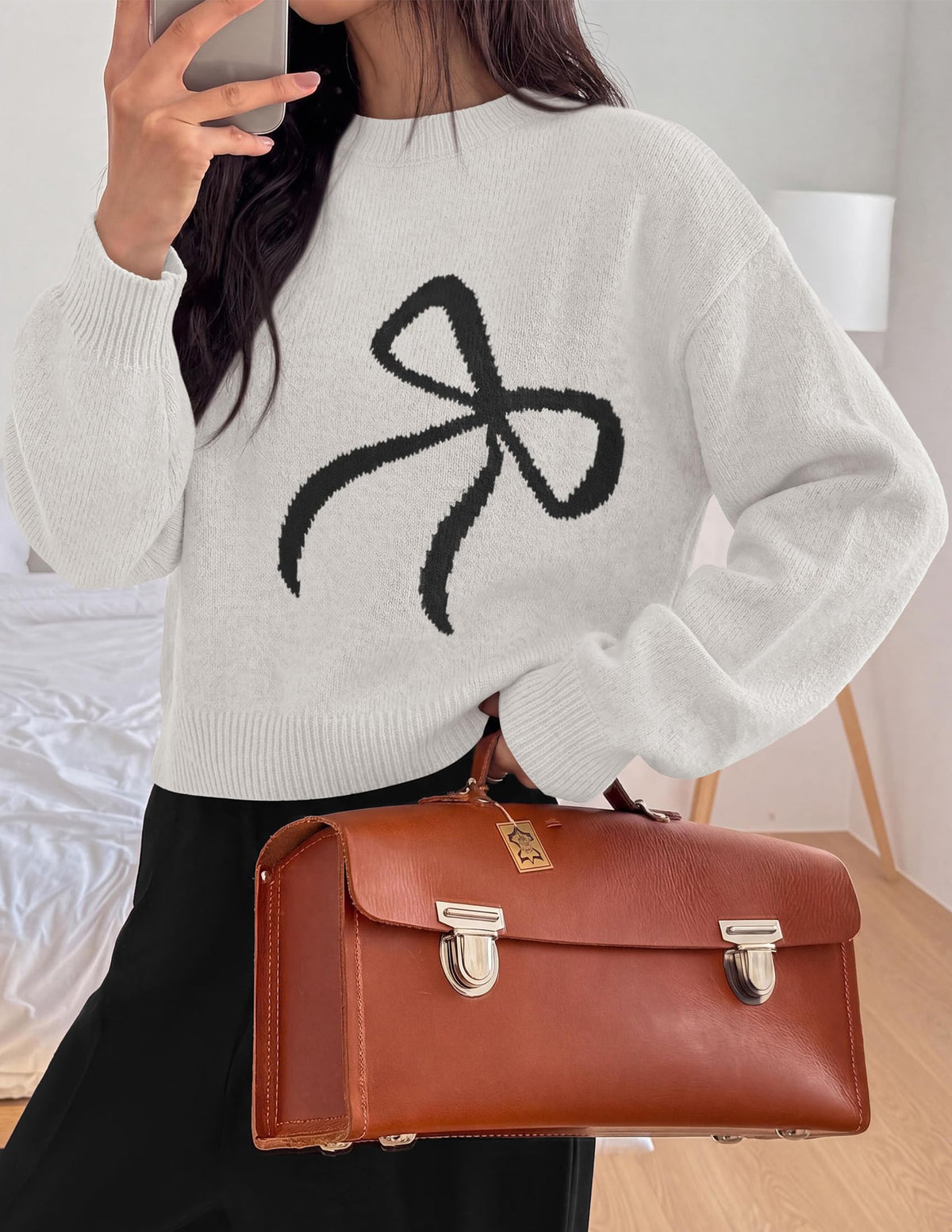PRETTYGARDEN Womens Bow Sweater Cute Crewneck Long Sleeve Tops Fall Soft Cozy Knit Pullover,Relaxed Fit,Holiday Sweaters,Daily Wear,Work Office,Casual Going Out Y2k Tops,Winter Fashion Clothing