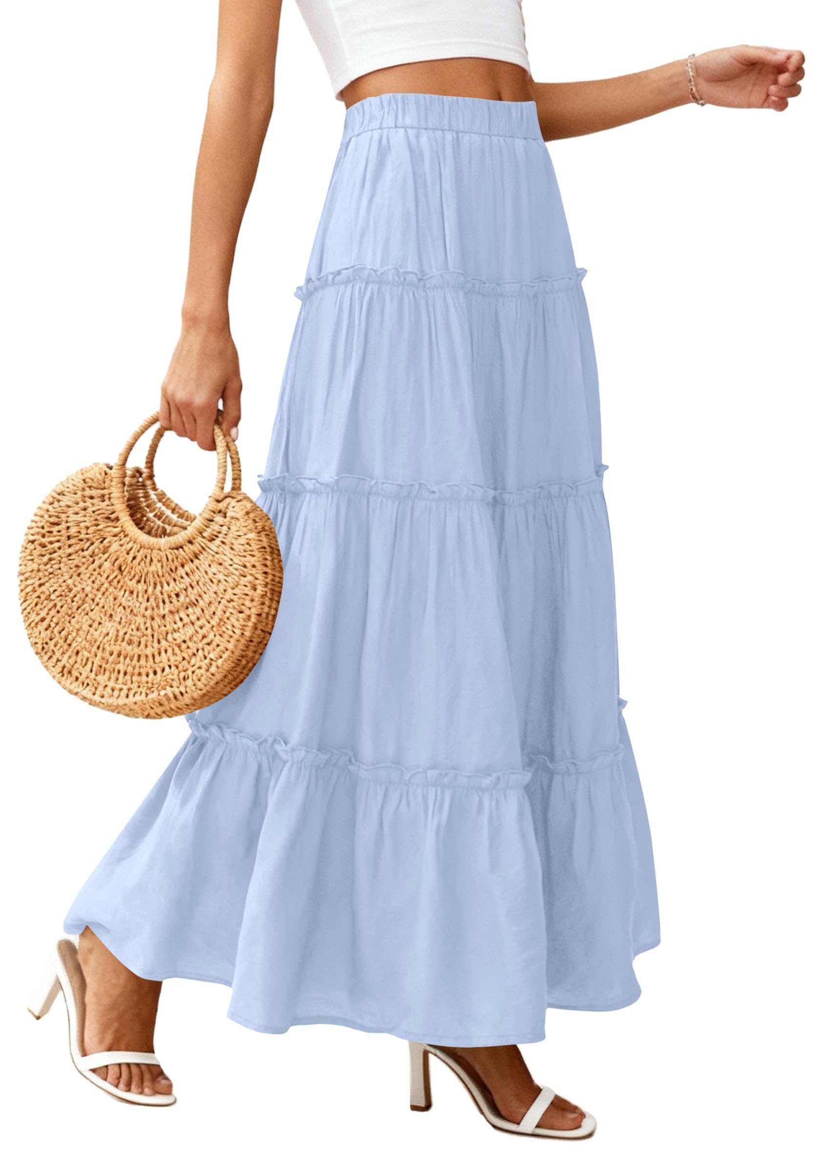 PRETTYGARDEN Women's Tiered Maxi Skirt Summer Spring Fashion High Waisted Long Flowy Casual Boho Beach Vacation Clothes