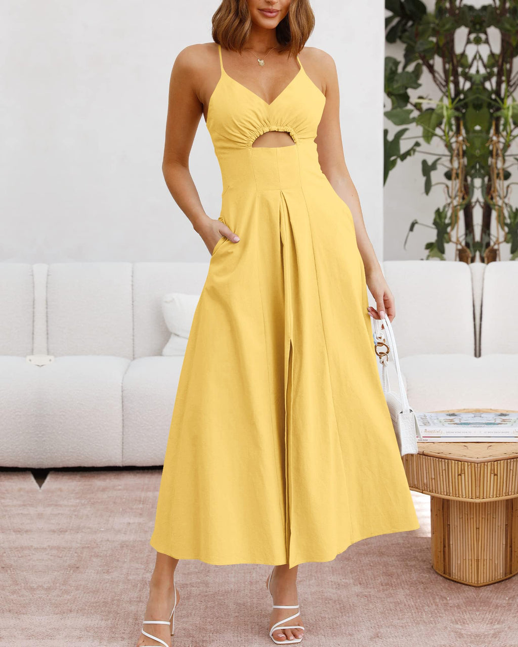 BTFBM Women Spaghetti Strap Midi Summer Dresses Sleeveless V Neck Cutout Slit Casual Beach Party Maxi Dress Pockets