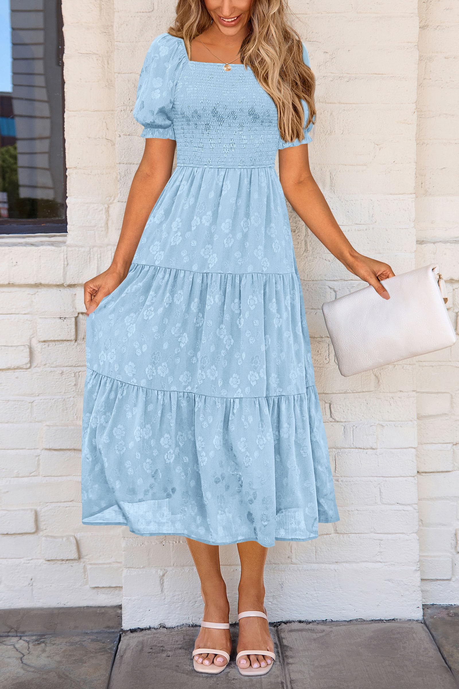 PRETTYGARDEN Women's Summer Casual Midi Dresses Square Neck Short Sleeve Smocked A Line Floral Flowy Elegant Boho Dress