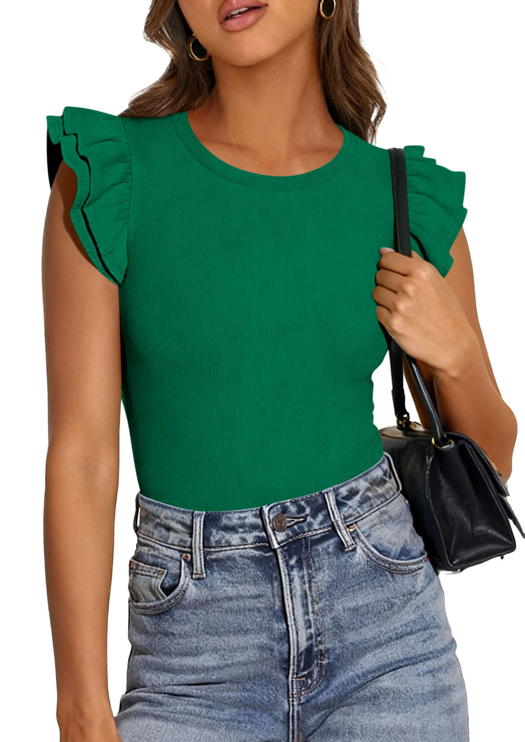 PRETTYGARDEN Womens Summer Crew Neck T Shirts Trendy Ruffle Sleeve Slim Fit Knit Going Out Tops Casual Spring Clothes