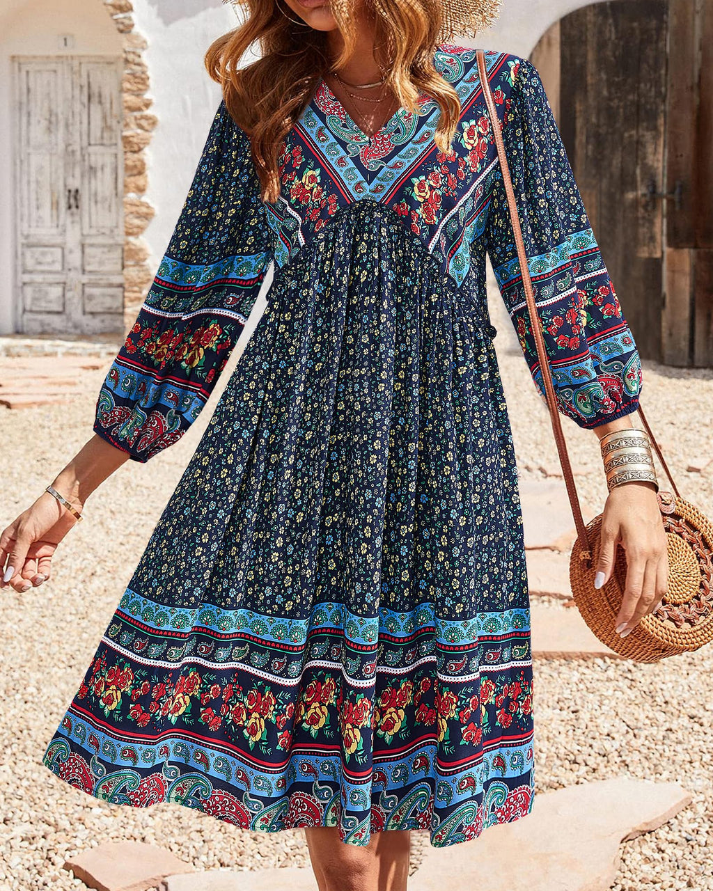 BTFBM Women Casual Spring Summer Dresses V Neck 3/4 Long Sleeve Ruffle Floral Flowy Boho Babydoll Mini Short Beach Dress