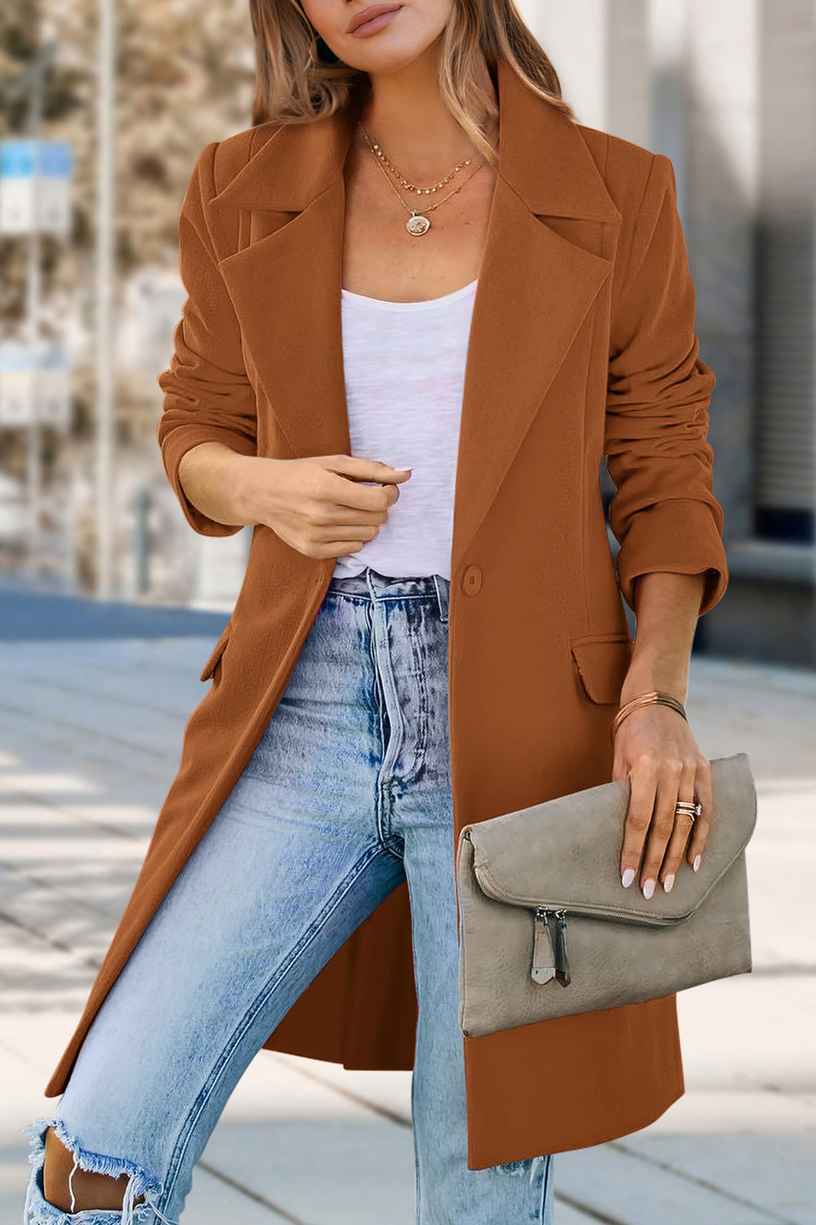 PRETTYGARDEN Women's Spring Fall Long Blazer Jackets Long Sleeve Lapel Pockets Loose Fit Work Casual Blazers Outerwear