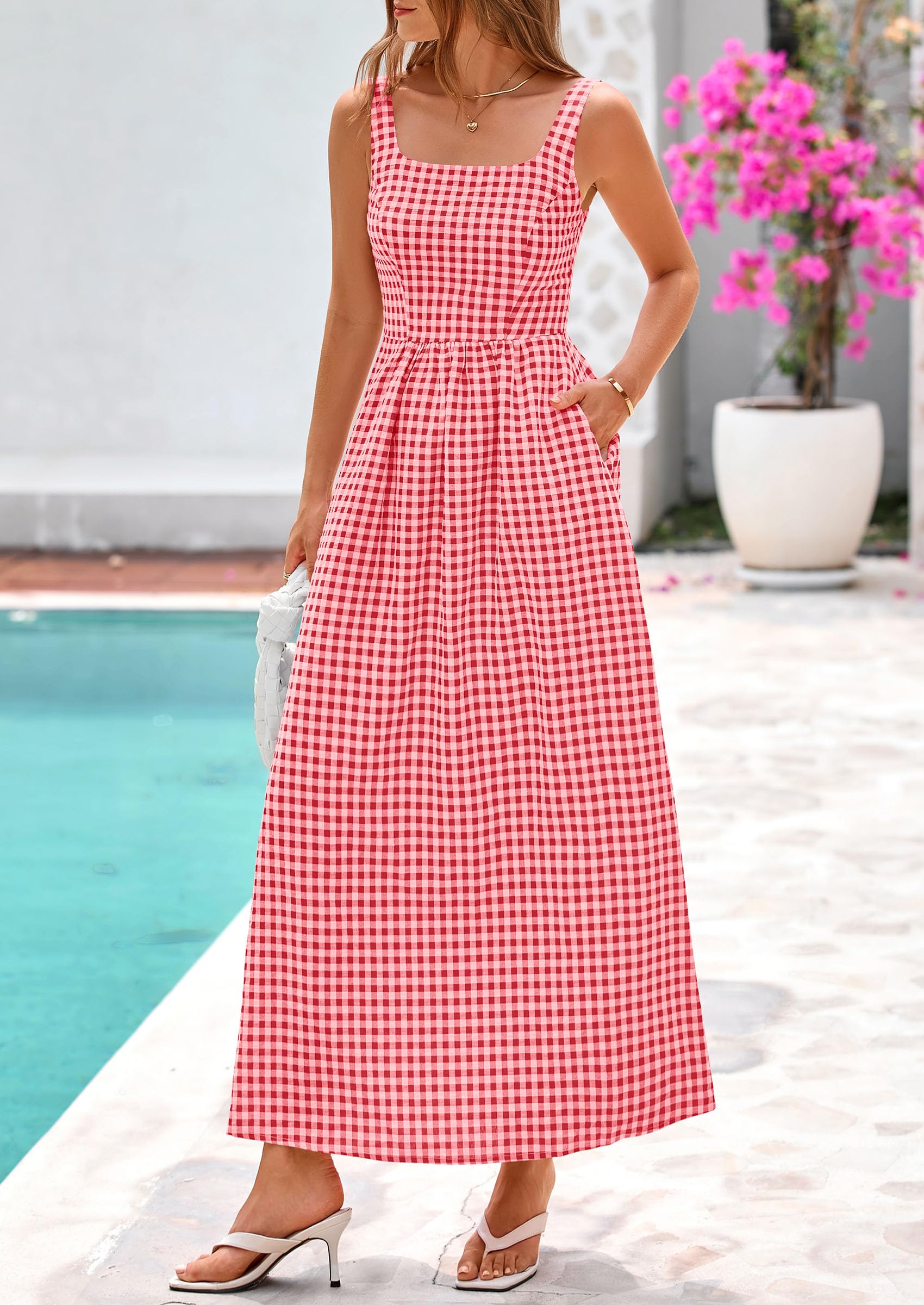 PRETTYGARDEN Women's Summer Spaghetti Strap Maxi Dresses Plaid Square Neck A Line Casual Beach Vacation Long Sundress