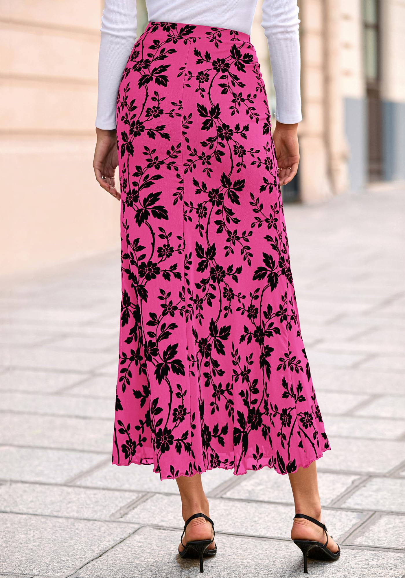 BTFBM Womens Floral Mesh Maxi Skirt Spring Summer Elastic High Waisted Boho Elegant Mermaid Long Skirts for Women