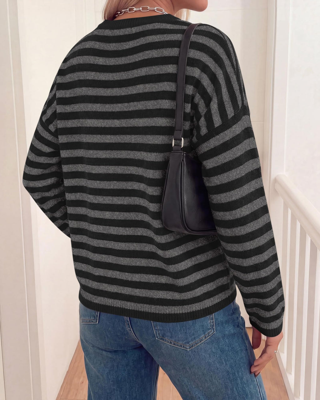BTFBM Women's Lightweight Oversized Striped Sweater | Soft Knit Cozy Sweaters, Crew Neck Long Sleeve Pullover, y2k Color Block, Casual Holiday Outfits, Winter Fall Clothes