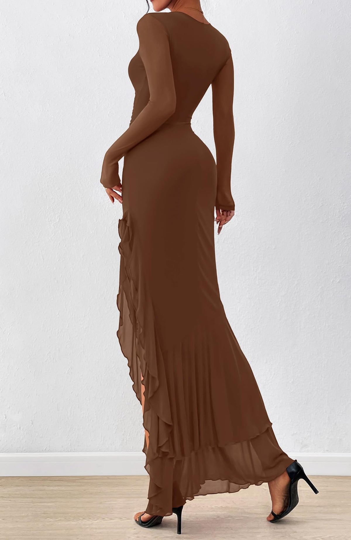 BTFBM Women's Maxi Dresses Fall Long Sleeve Wedding Guest Dress Mesh,Ruched,Bodycon,High Split,Solid Color,Ruffle, Mermaid,Cocktail Dresses,Prom,Party,Homecoming Dress,Fall Outfits