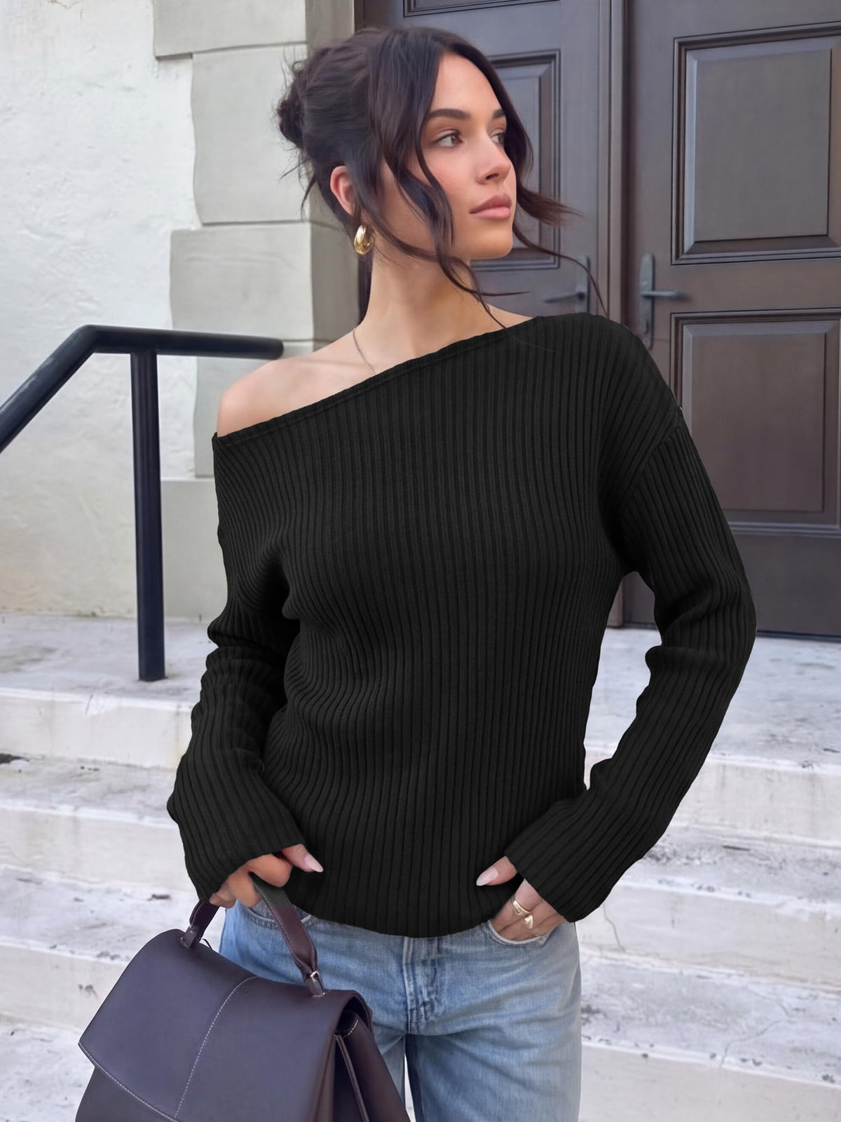 FreshPretty Womens Off The Shoulder Sweater Rib Asymmetrical Tops,Long Sleeve Knit Pullover Sweaters,Cute Fitted Y2K Jumper Top,Soft Casual Tee Shirts,Fall Fashion Going Out Outfits